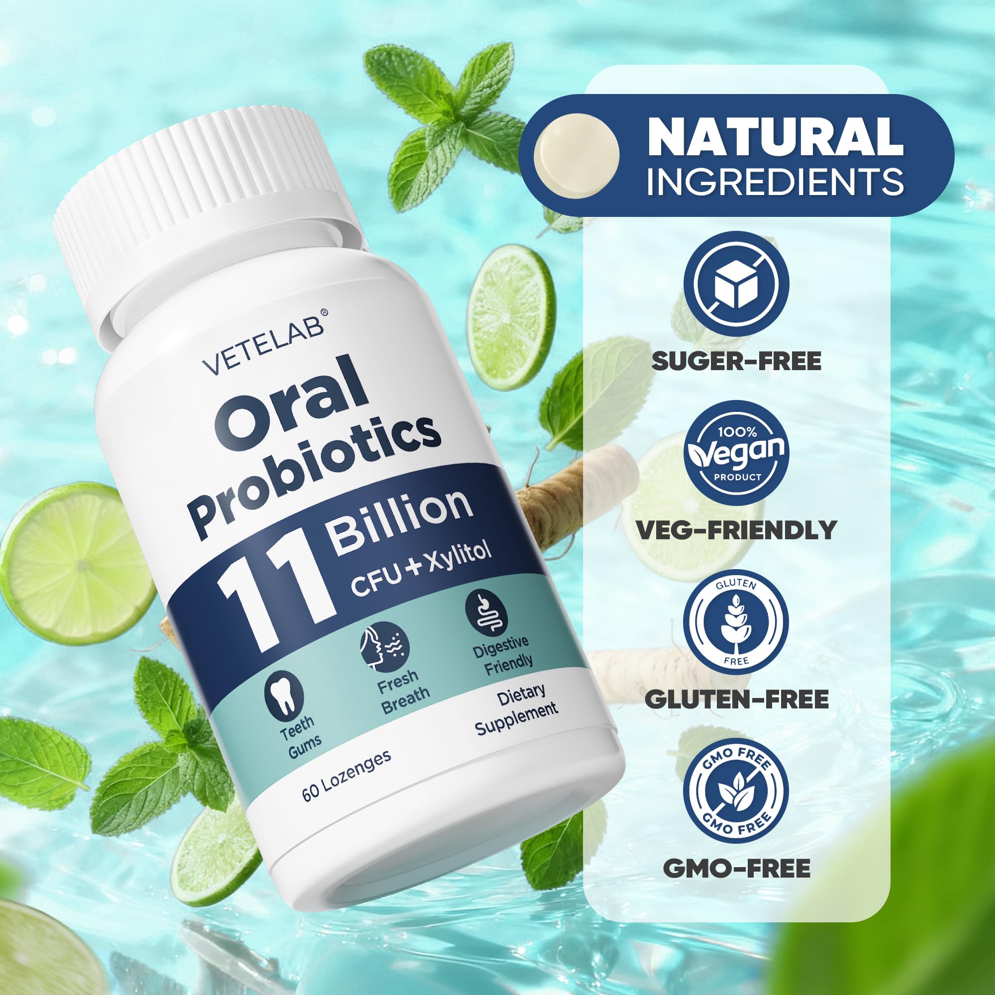 VeteLab Oral Probiotics – 11B CFU Chewables for Fresh Breath, 60 Lozenges