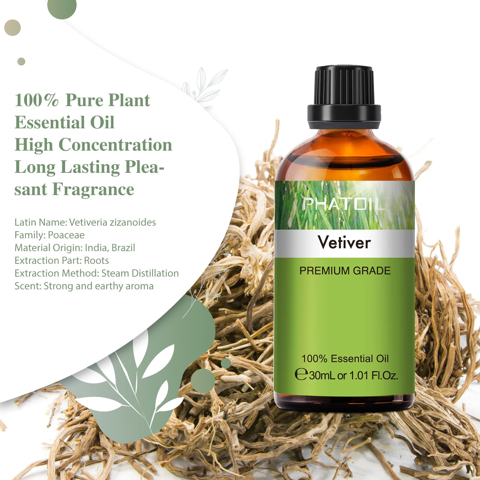 Vetiver Essential Oil 30ml | PHATOIL Pure Essential Oil Singles for Aromatherapy, Diffusers & DIY Crafts