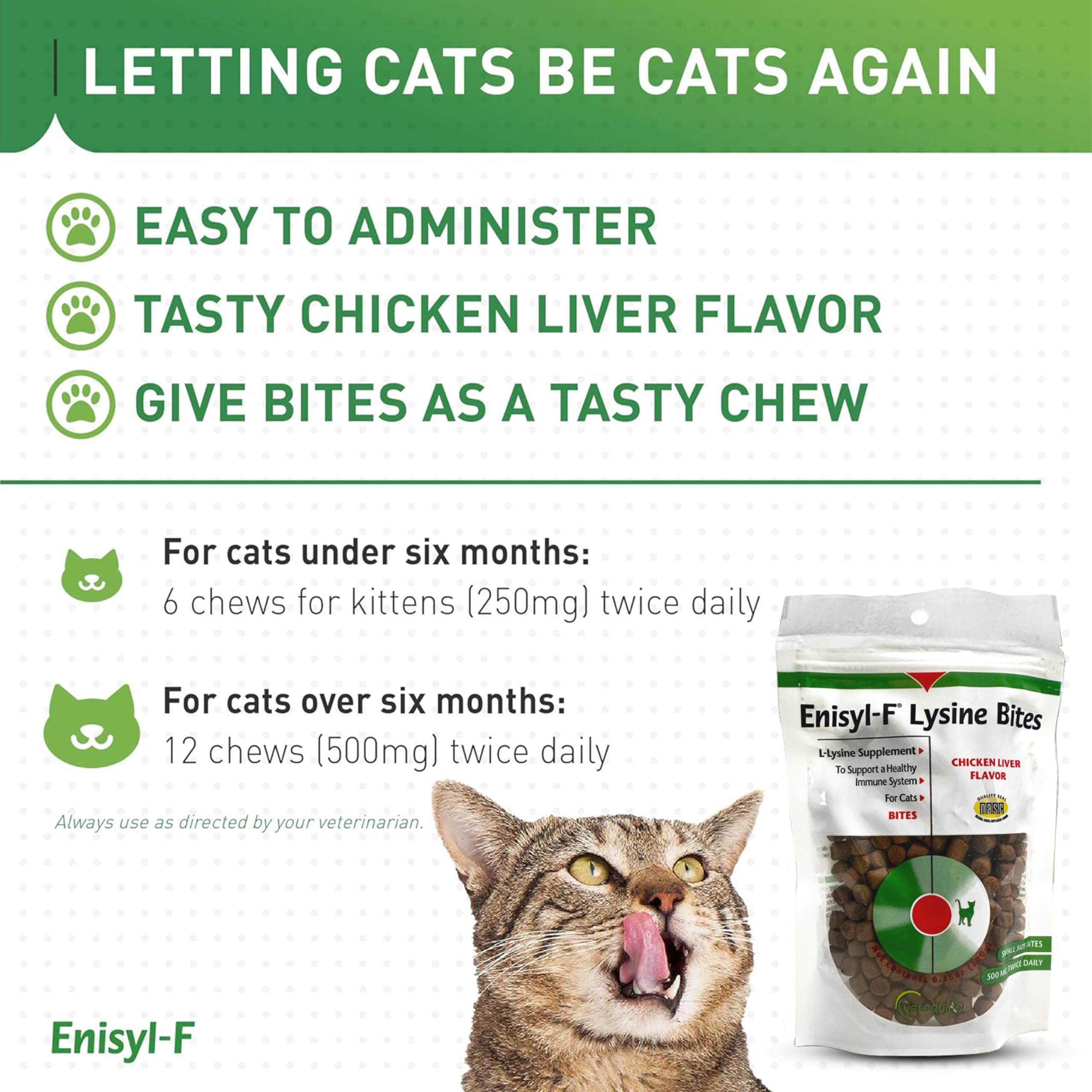 Vetoquinol Enisyl-F Lysine Bites: L-Lysine Chews for Cats & Kittens - Chicken Liver-Flavor, 6.4oz (180g) Recloseable Bag