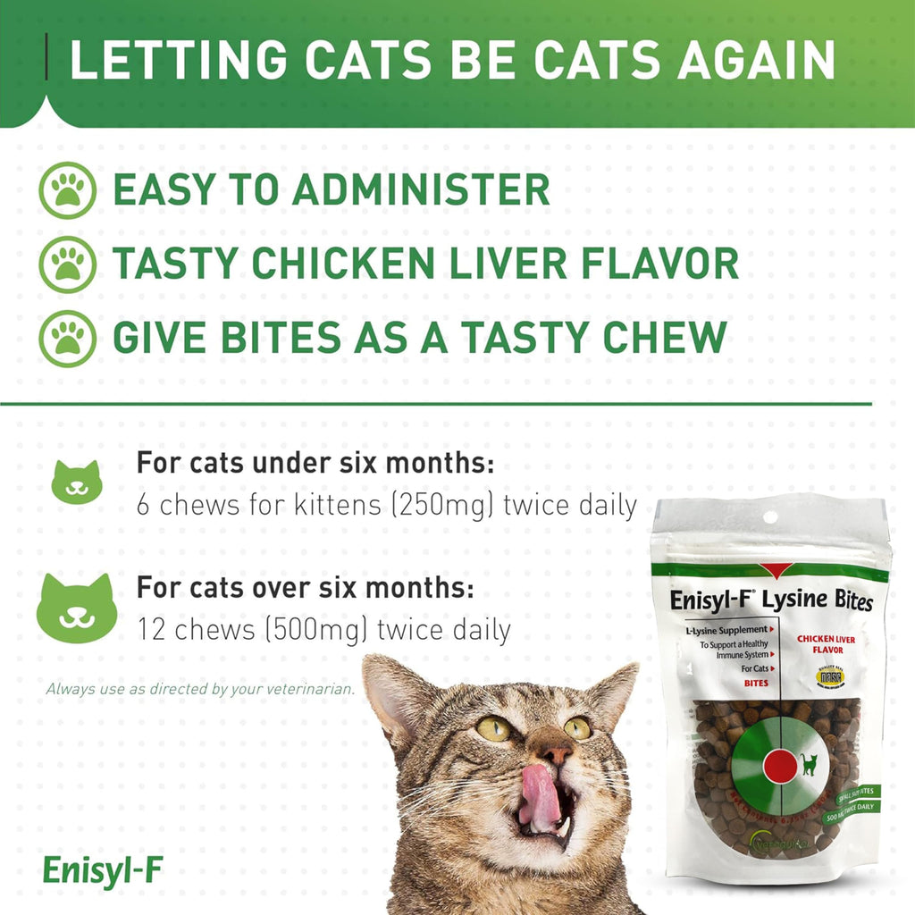 Vetoquinol Enisyl-F Lysine Bites: L-Lysine Chews for Cats & Kittens - Chicken Liver-Flavor, 6.4oz (180g) Recloseable Bag