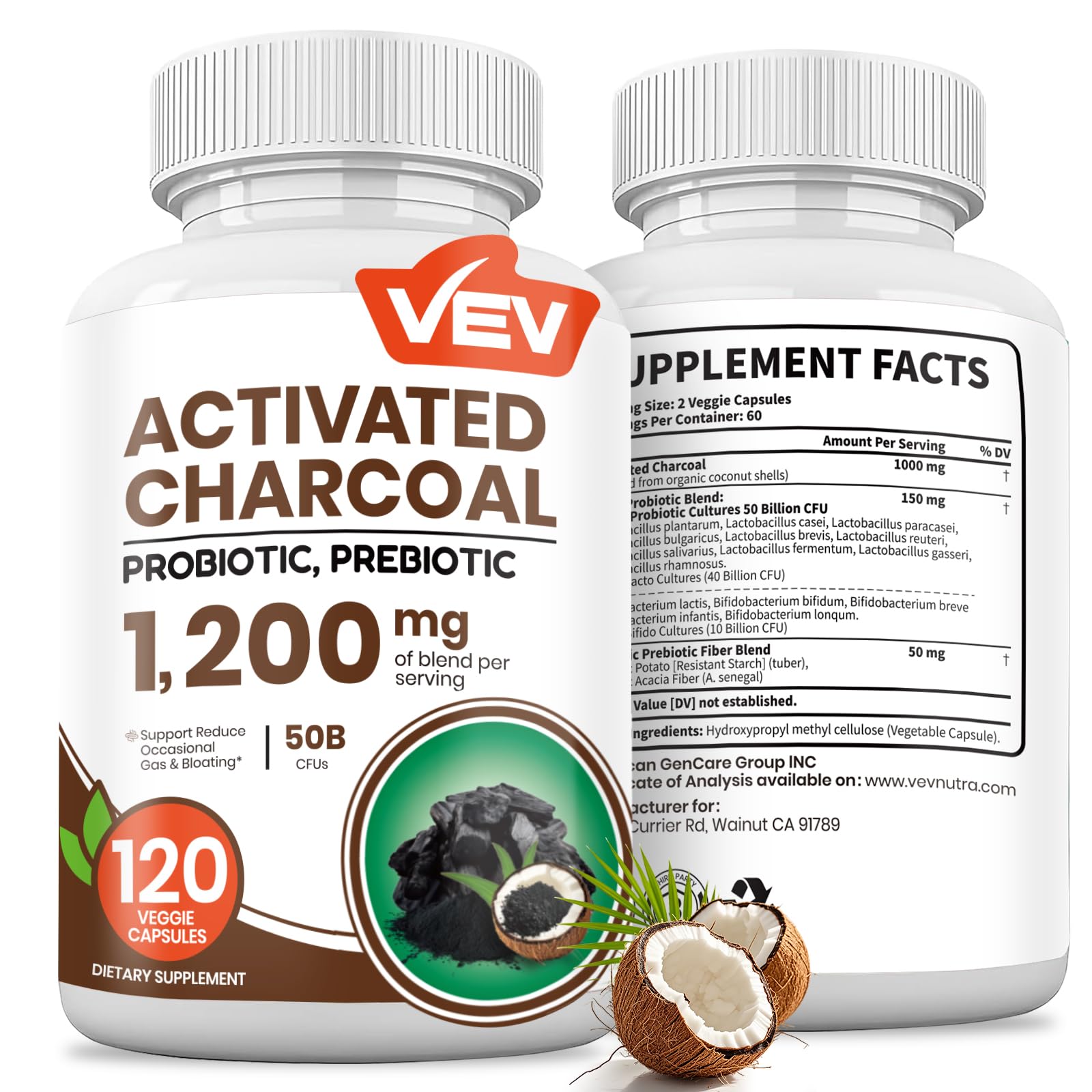 VEV Activated Charcoal with Organic Coconut Shell Charcoal & 50 Billion Probiotics – 120 Vegan Capsules for Digestive Wellness & Dietary Support