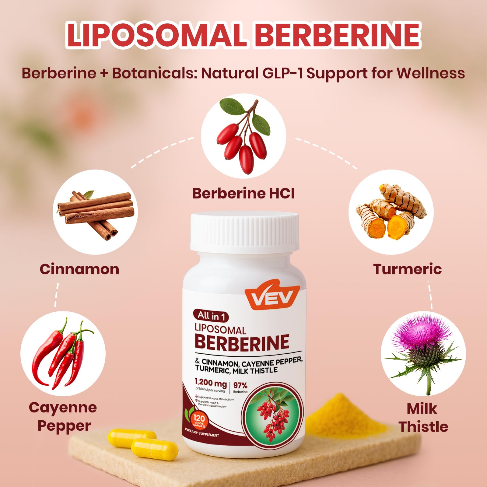 VEV Berberine Supplement with Ceylon Cinnamon, Cayenne Pepper, Turmeric, Milk Thistle, Vegan & Non-GMO – 120 Capsules