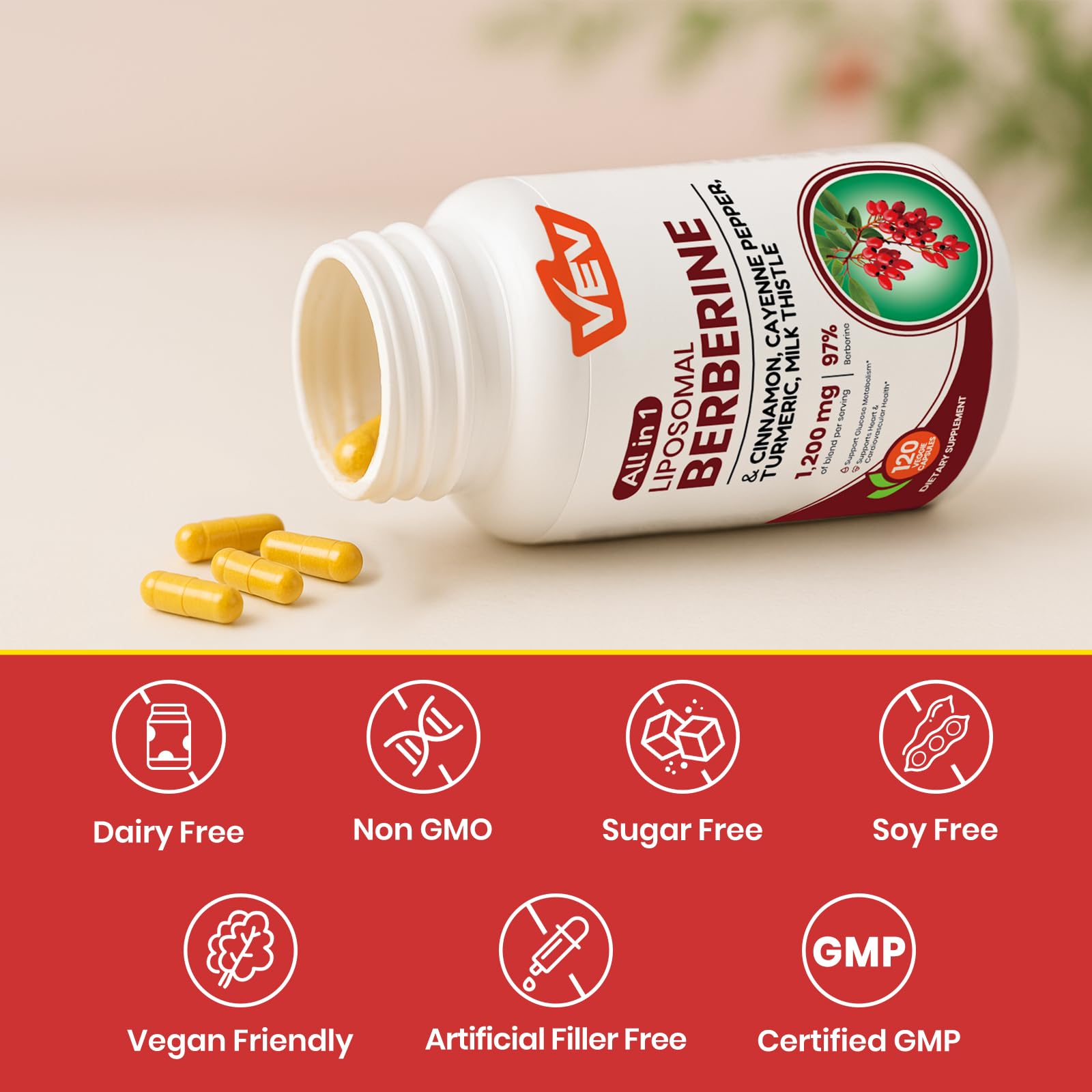 VEV Berberine Supplement with Ceylon Cinnamon, Cayenne Pepper, Turmeric, Milk Thistle, Vegan & Non-GMO – 120 Capsules
