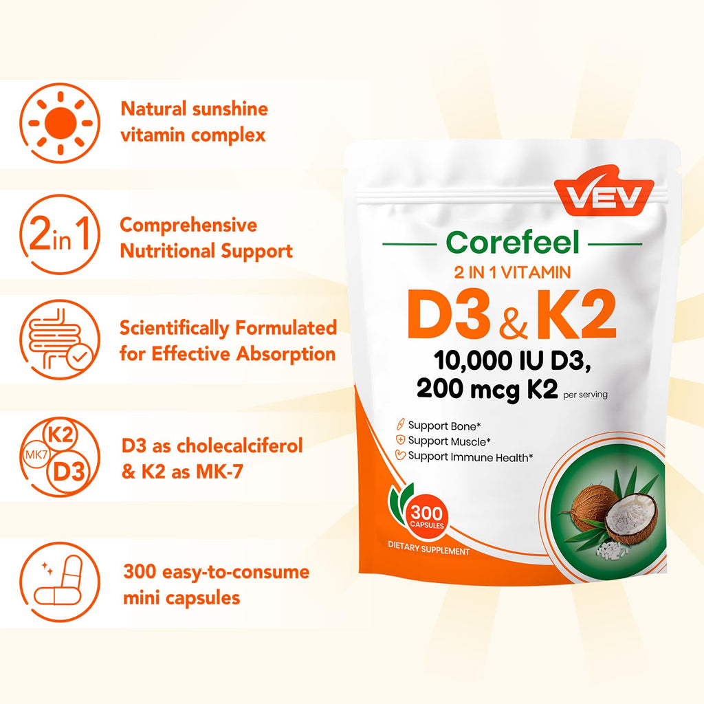 VEV Corefeel Vitamin D3 K2 - 10,000 IU D3, 200 mcg MK-7 - Supports Bone & Teeth Health - 300 Capsules