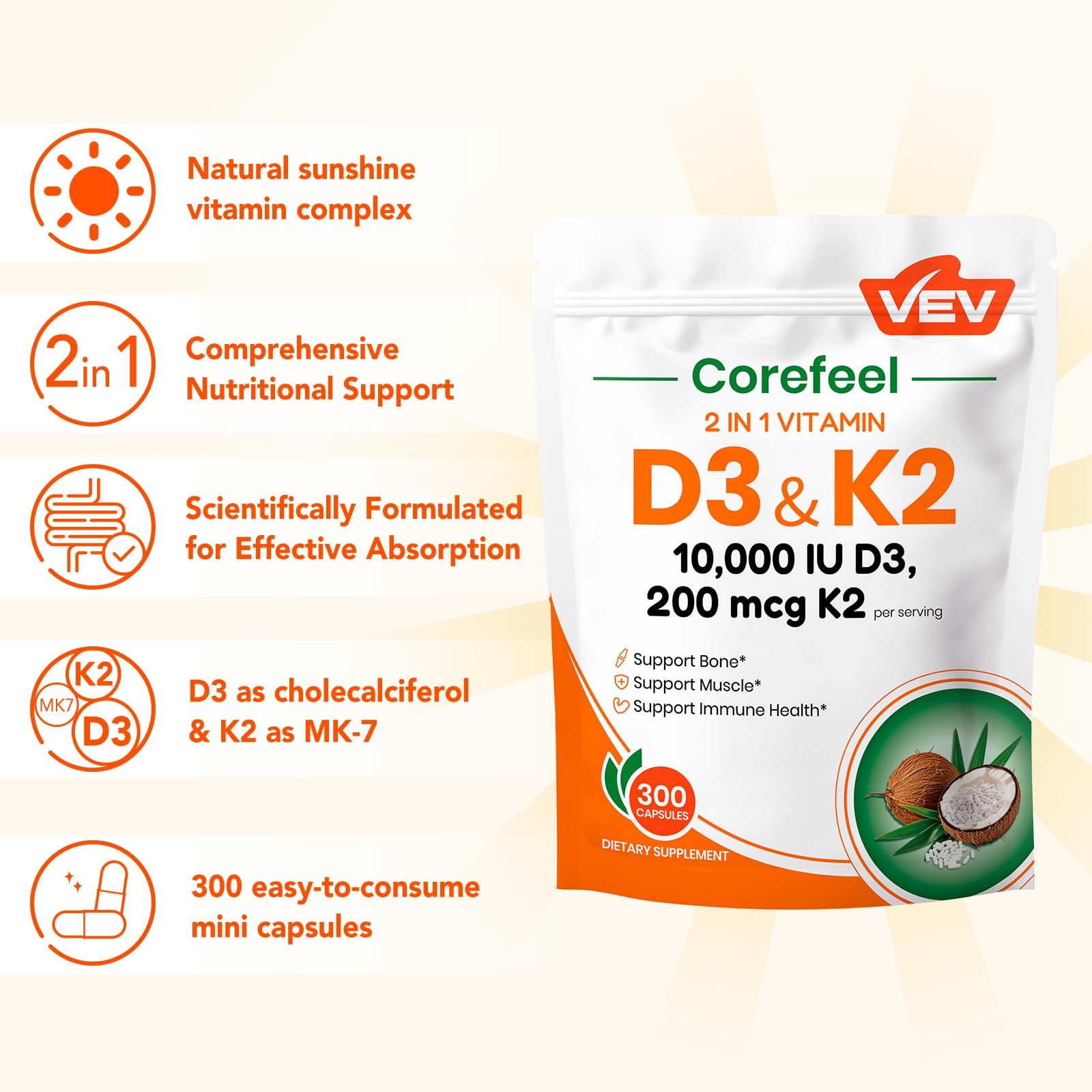 VEV Corefeel Vitamin D3 K2 - 10,000 IU D3, 200 mcg MK-7 - Supports Bone & Teeth Health - 300 Capsules