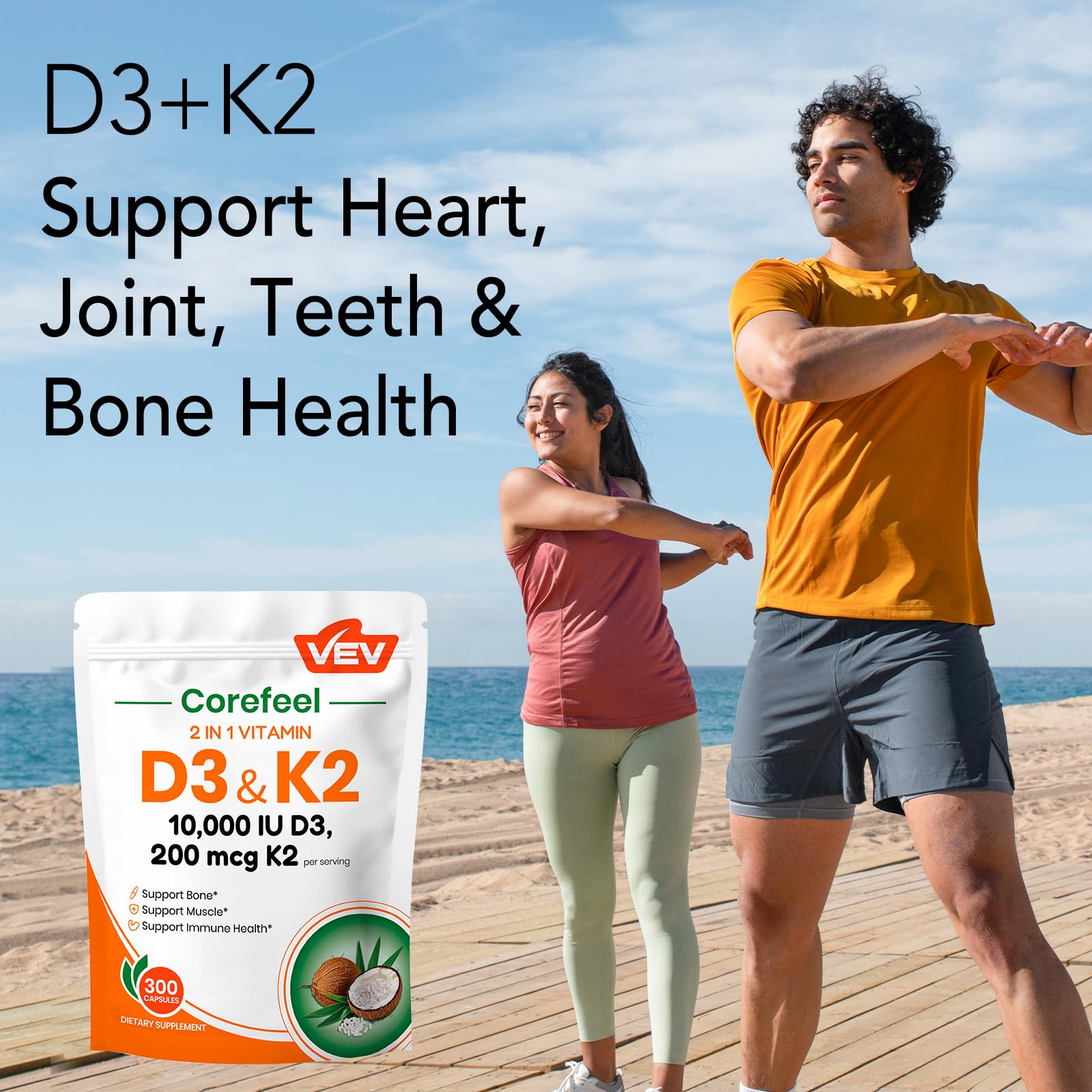 VEV Corefeel Vitamin D3 K2 - 10,000 IU D3, 200 mcg MK-7 - Supports Bone & Teeth Health - 300 Capsules