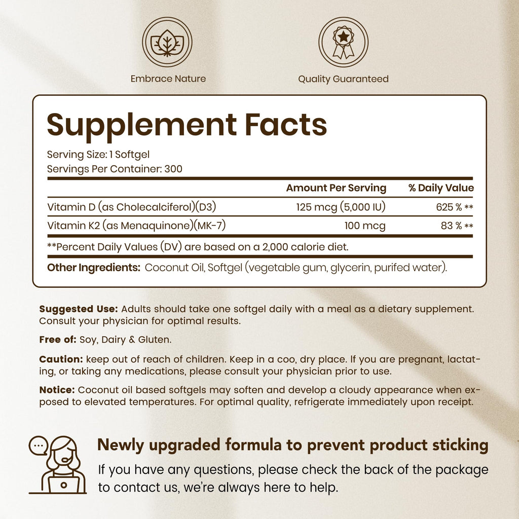 VEV Corefeel Vitamin D3 K2 (5000 IU / 100 mcg) – 300 Softgels | Coconut Oil