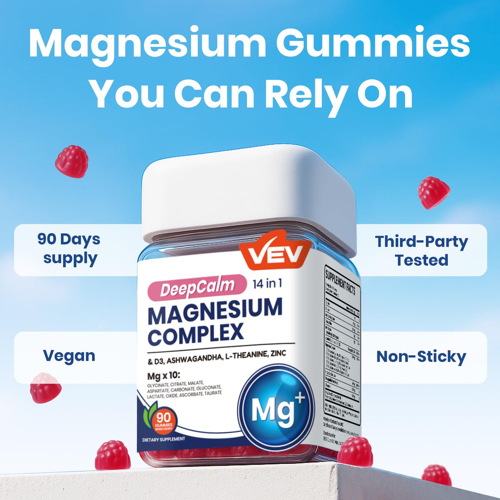 VEV Magnesium Complex DeepCalm 14-in-1 Gummies – Vegan Glycinate with Ashwagandha, L-Theanine, Vitamin D3 & Zinc | 90 Gummies