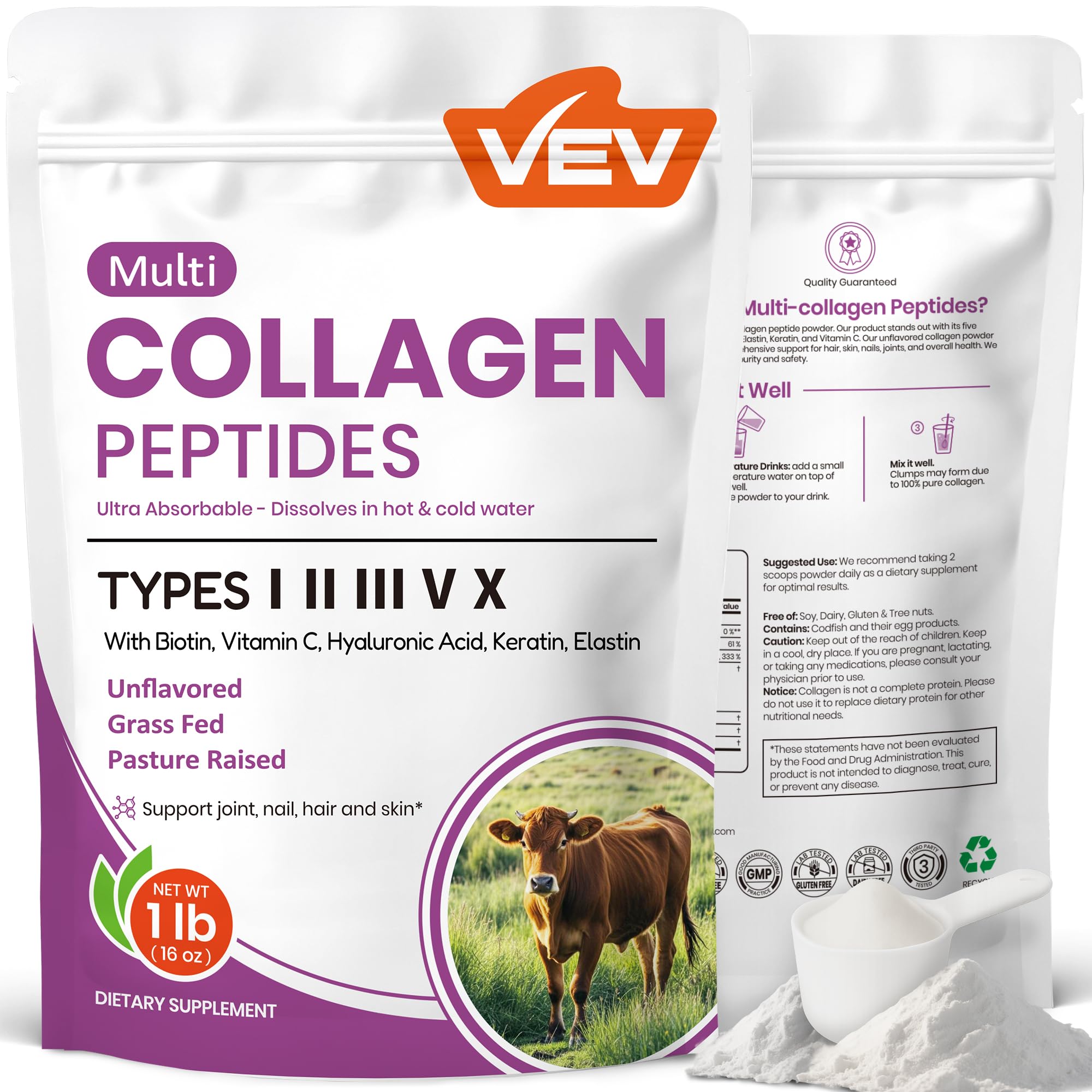 VEV Multi Collagen Peptides Powder 16 oz (41 Servings) – Hydrolyzed Collagen Types I, II, III, V, X with Hyaluronic Acid, Biotin & Vitamin C | Unflavored