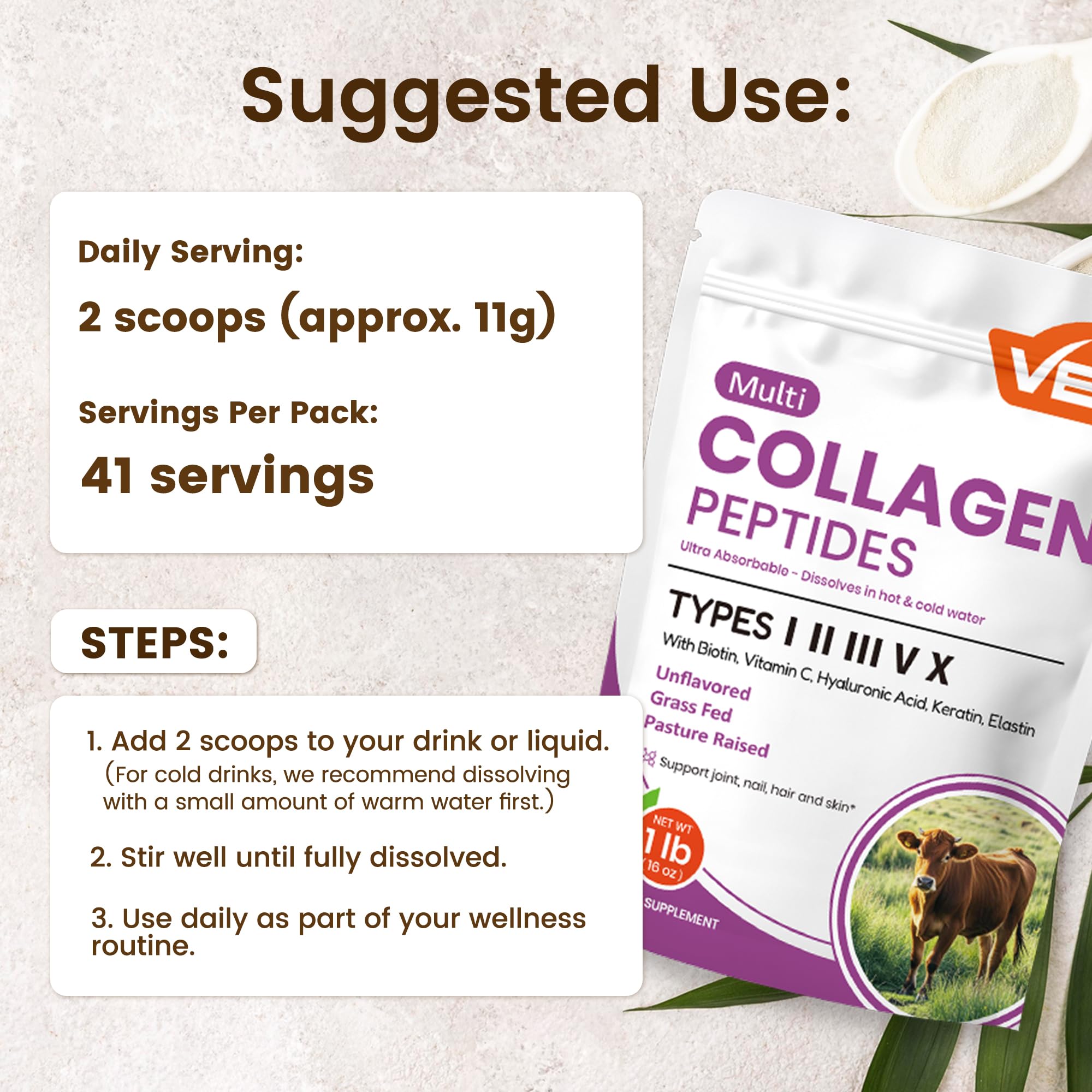 VEV Multi Collagen Peptides Powder 16 oz (41 Servings) – Hydrolyzed Collagen Types I, II, III, V, X with Hyaluronic Acid, Biotin & Vitamin C | Unflavored