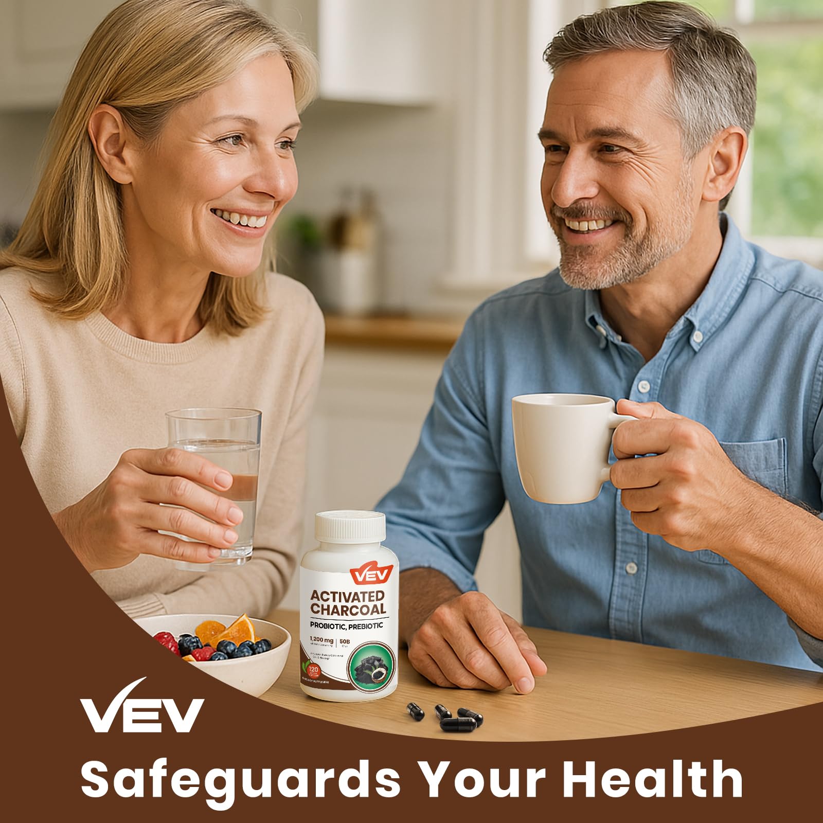 VEV Activated Charcoal with Organic Coconut Shell Charcoal & 50 Billion Probiotics – 120 Vegan Capsules for Digestive Wellness & Dietary Support