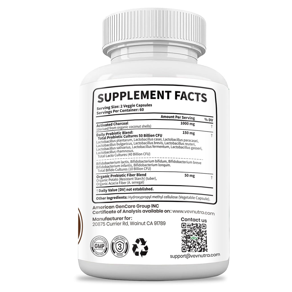 VEV Activated Charcoal with Organic Coconut Shell Charcoal & 50 Billion Probiotics – 120 Vegan Capsules for Digestive Wellness & Dietary Support