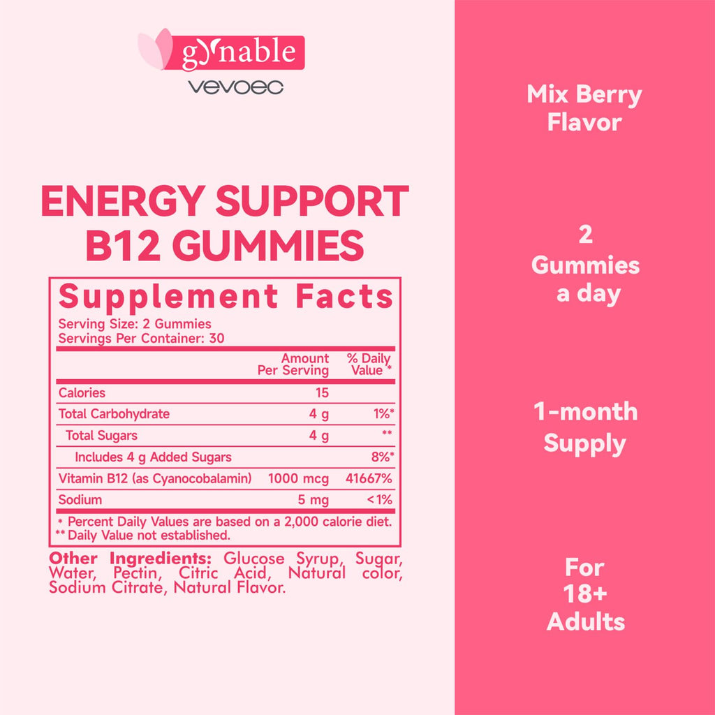 Vevoec Vitamin B12 Gummies – 1000mcg, Mixed Berry, Vegan & Gluten-Free | 60 Count