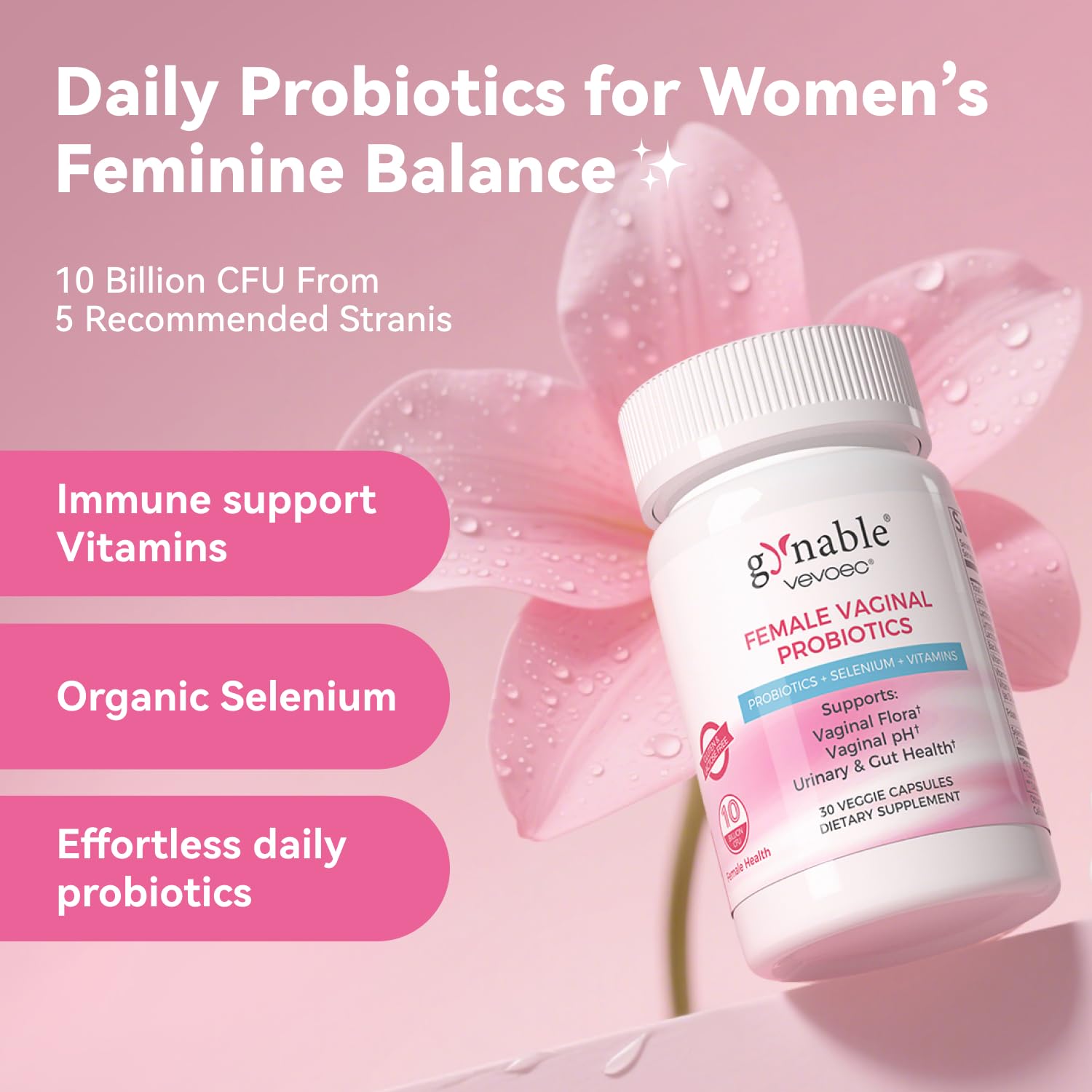 Vevoec Gynable Vaginal Probiotic – 10B CFU, pH Balance & Odor Control