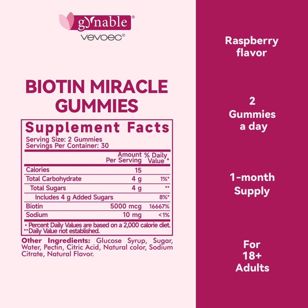 Vevoec Gynable Biotin Gummies 5000 mcg – Hair Skin Nails (60 Count)