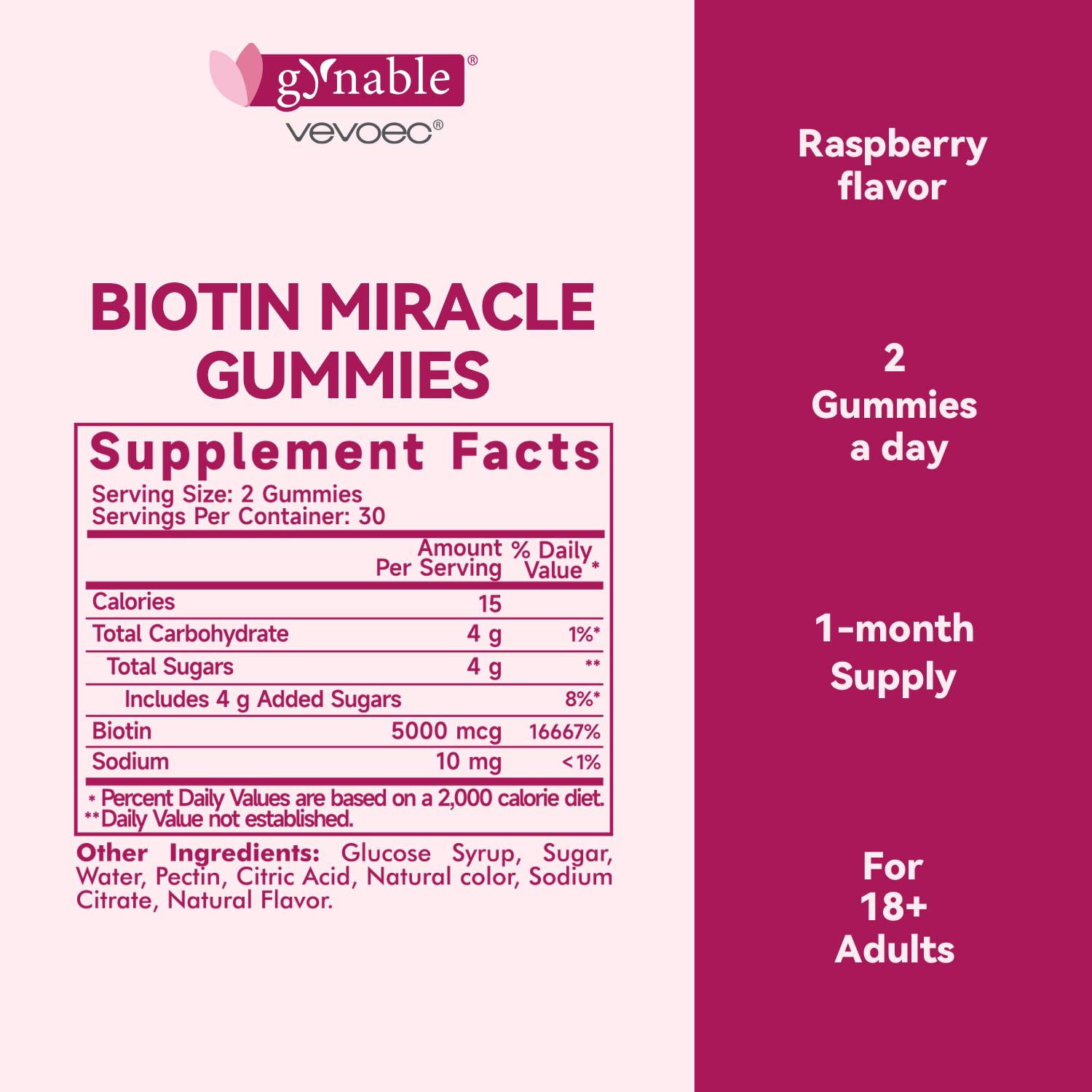 Vevoec Gynable Biotin Gummies 5000 mcg – Hair Skin Nails (60 Count)