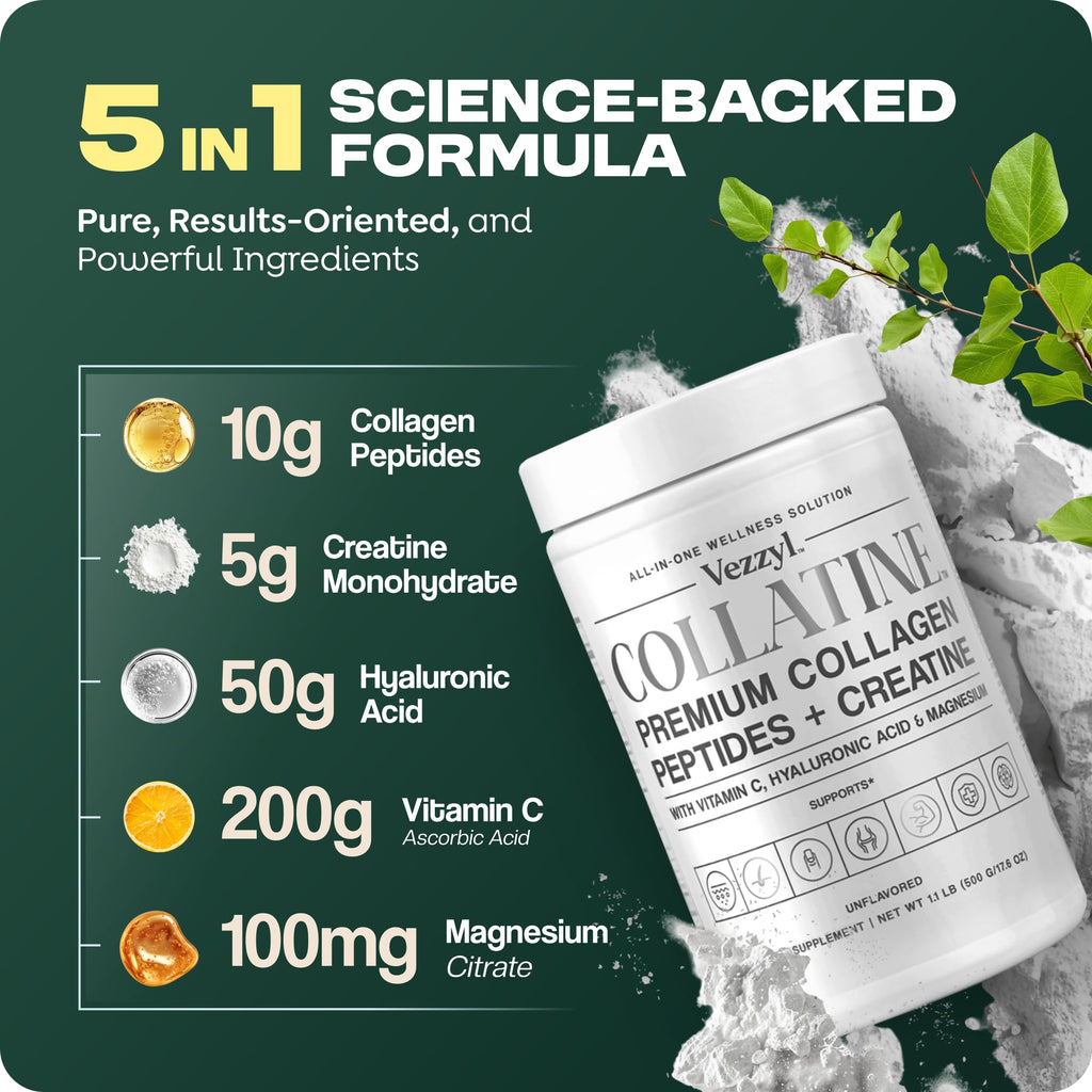 Vezzyl Collatine: Premium Collagen Peptides + Creatine with Vitamin C, Hyaluronic Acid & Magnesium