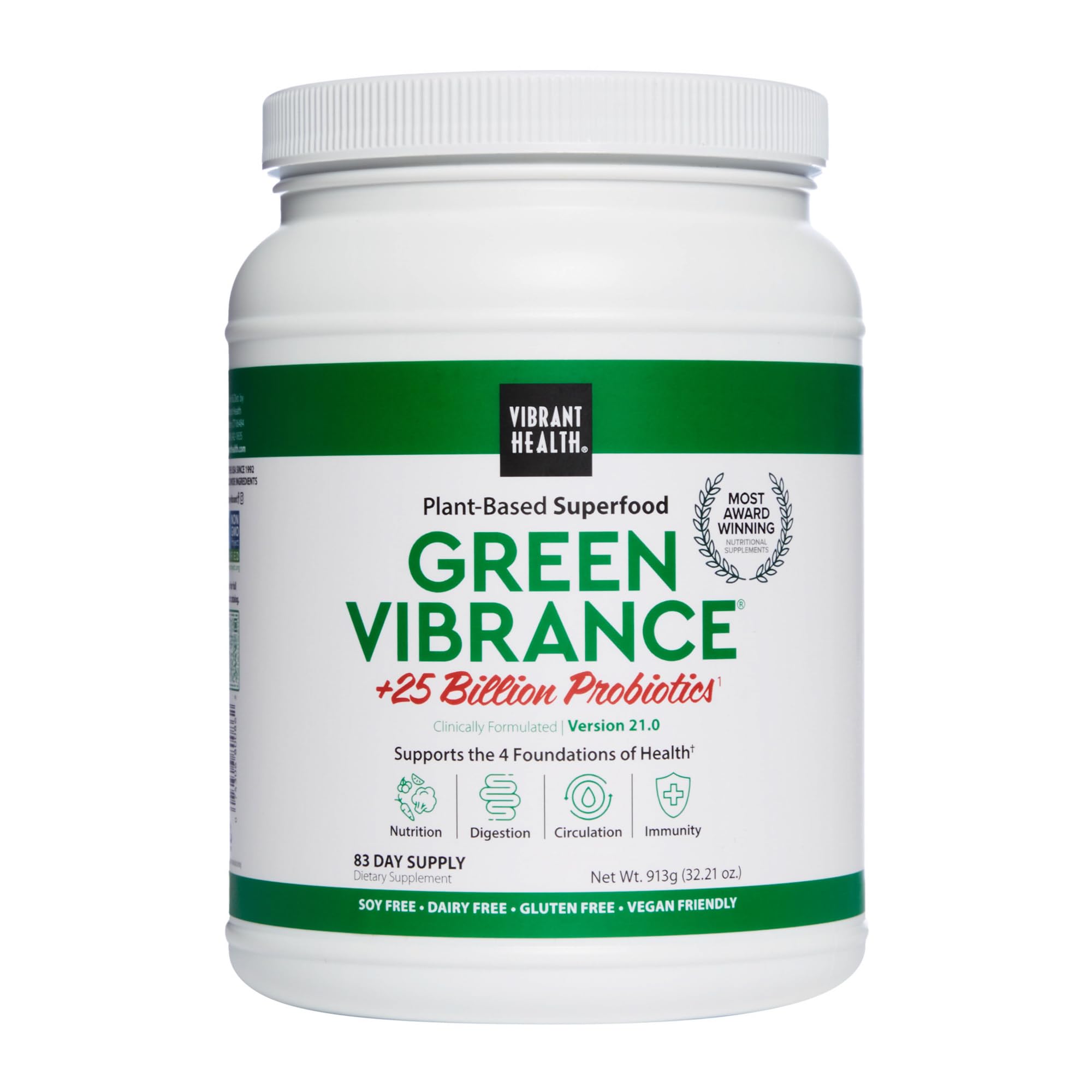 Vibrant Health Green Vibrance | 65 Plant-Based Superfoods, 25 Billion Probiotics, 83 Servings