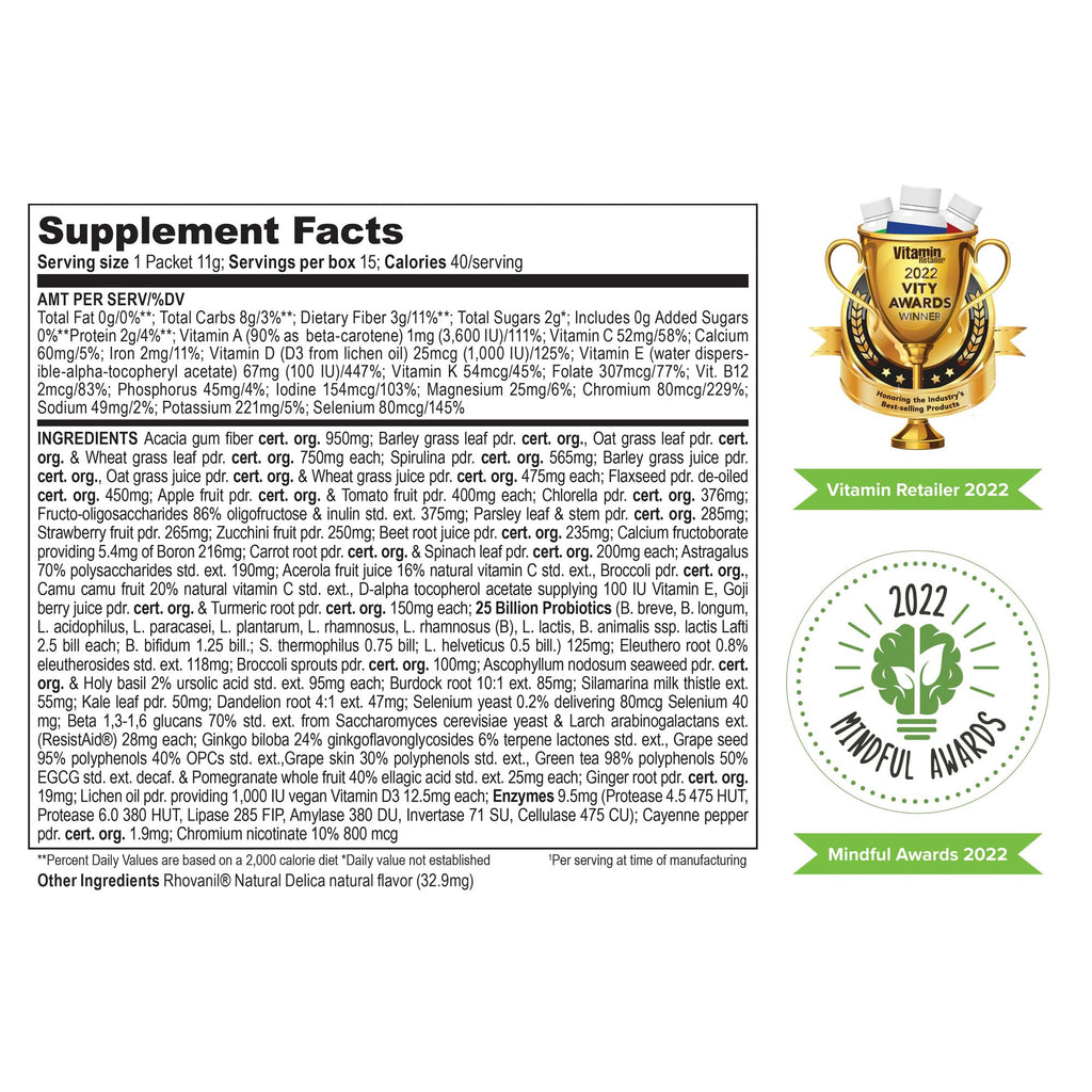 Vibrant Health Green Vibrance Packets – Travel-Friendly Vegan Superfood Powder, 15 Packets