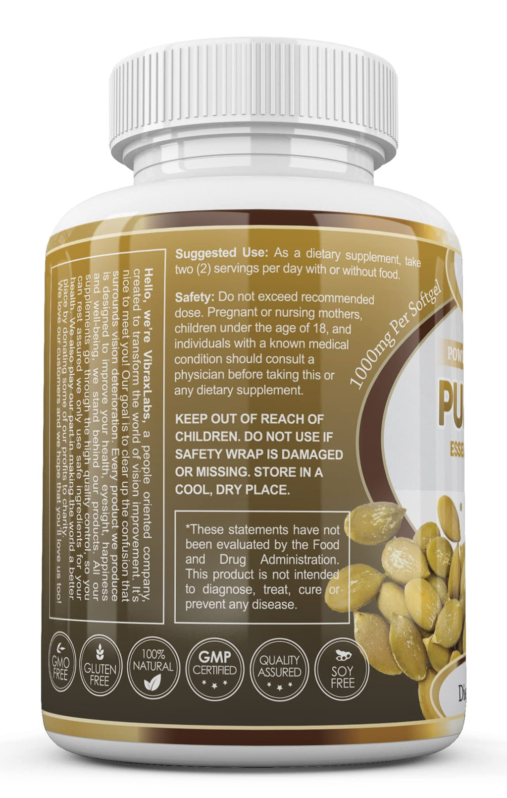 Vibraxlabs Pumpkin Seed Oil - 1000mg Cold Pressed Softgels | Hair Growth, Youthful Skin & Bladder Support | 60 Softgels