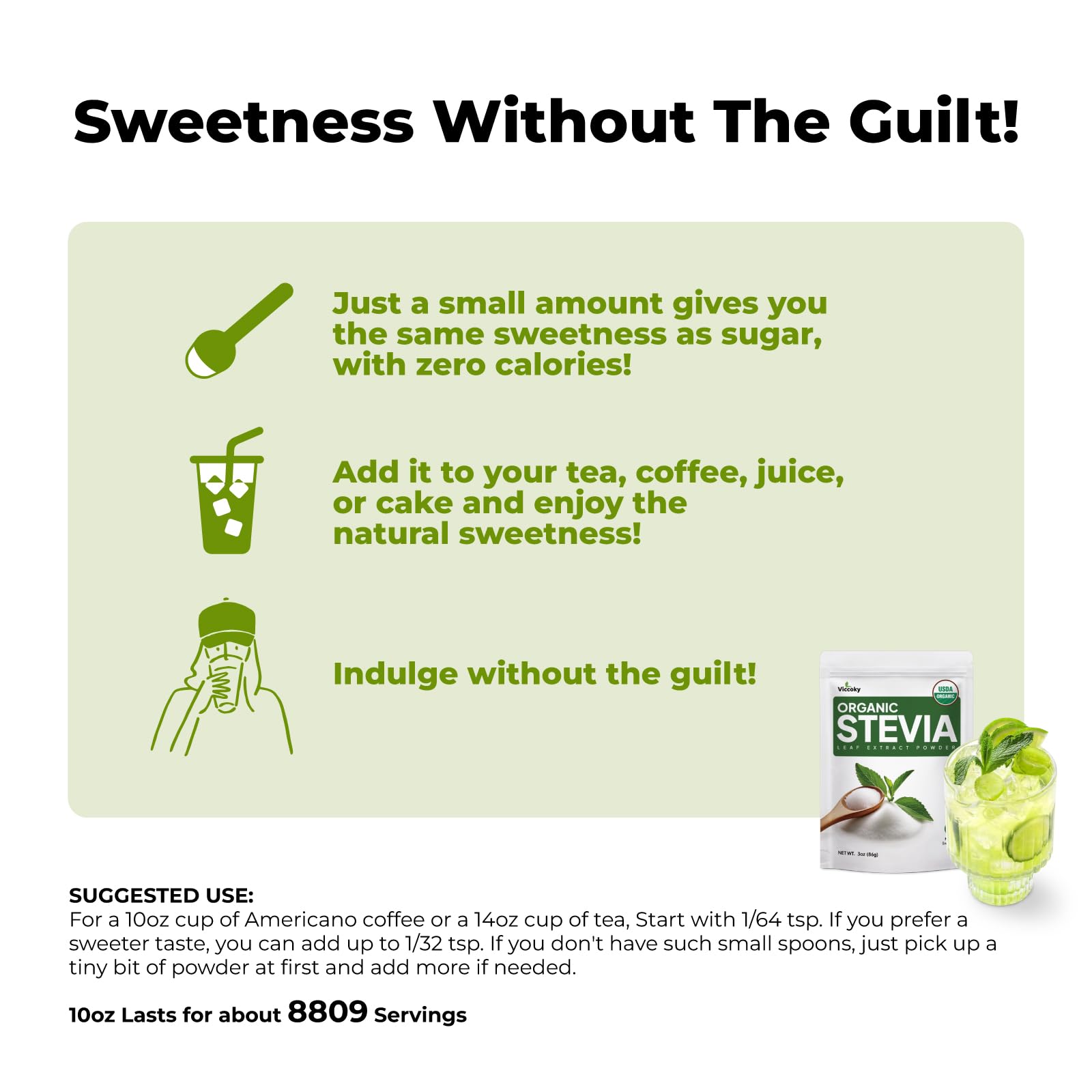 Viccoky Organic Stevia Extract Powder 13oz (370g) | Pure | Sugar-Free | 0 Calories | No Additives | Dissolves Easily | Super Sweet Sugar Substitute | Natural Sweetener