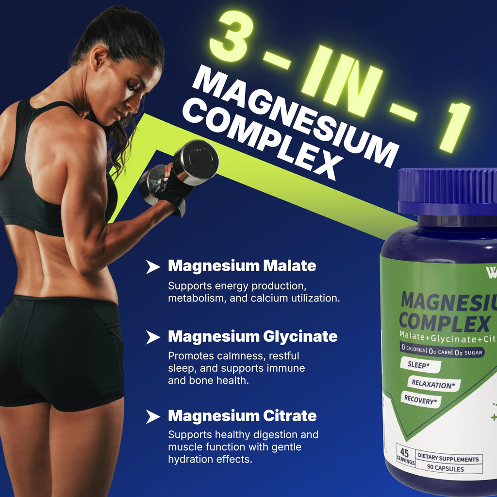Vicwell Triple Magnesium Complex – 300mg Mg (Malate, Glycinate, Citrate) – 90 Capsules | Stress Relief & Sleep