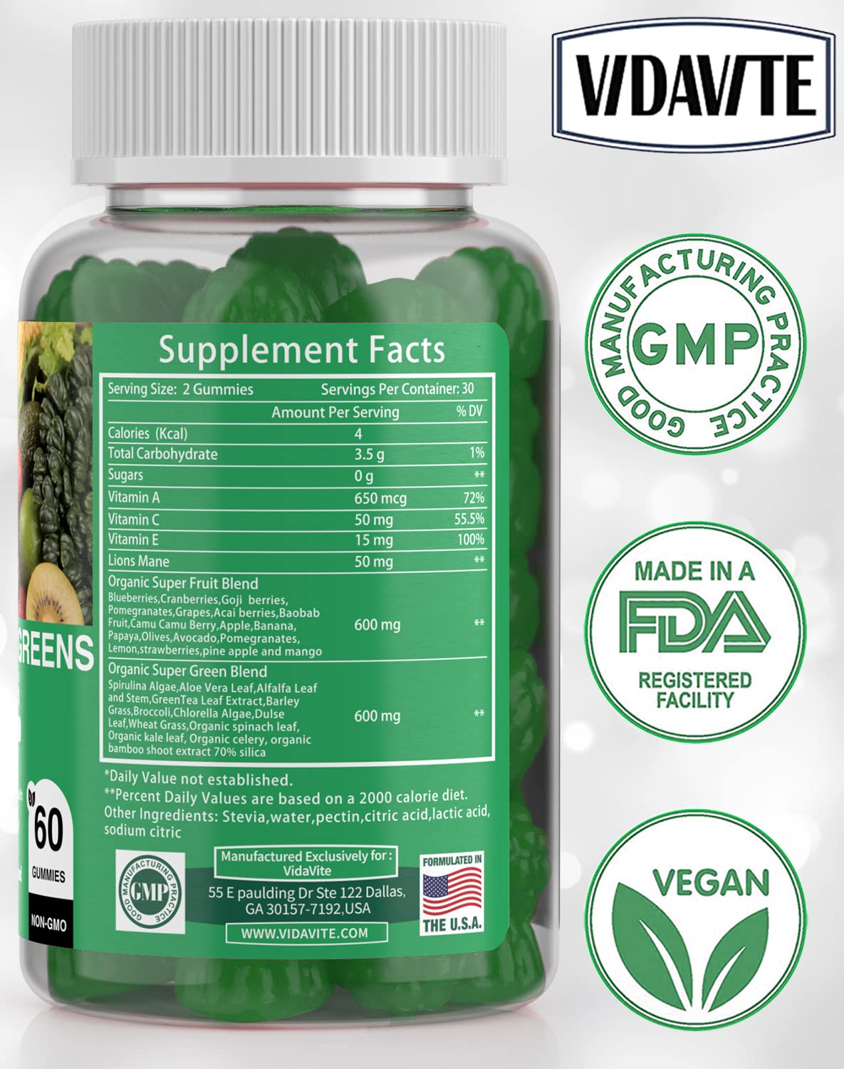 VIDAVITE Sugar-free Super Greens Gummies – US-Made Immunity, Skin & Gut Health (30-Day Supply)