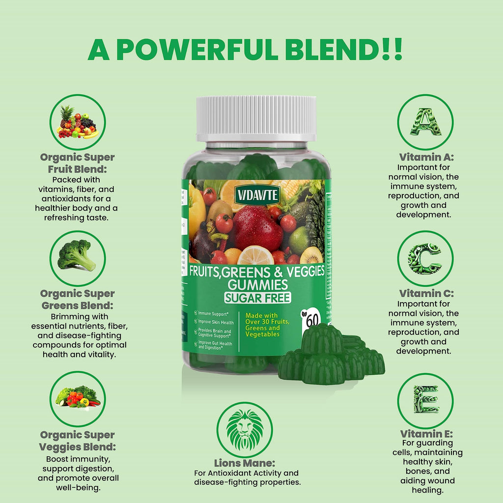 VIDAVITE Sugar-free Super Greens Gummies – US-Made Immunity, Skin & Gut Health (30-Day Supply)