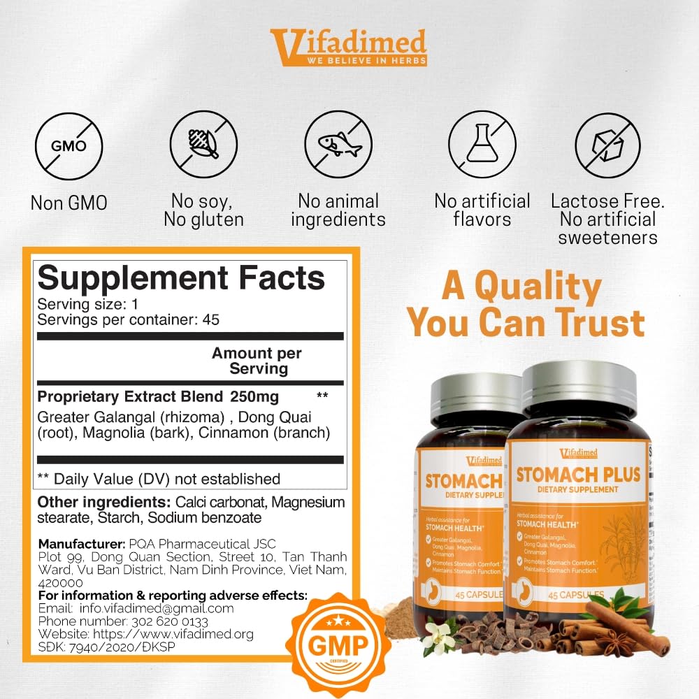 VIFADIMED Stomach Plus – Stomach Lining Support with Galangal, Dong Quai, Cinnamon & Magnolia (45 Capsules)