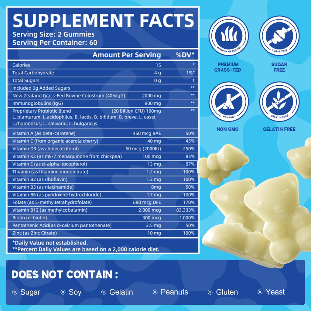 VIFSSG Grass Fed Colostrum Gummies 2000mg | Sugar Free IgG 40% | Immune & Gut Support