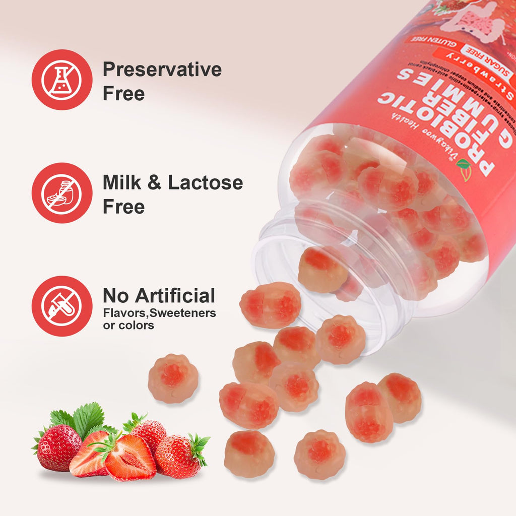 Vikaywoo Probiotic Fiber Gummies for Adults – No Sugar Added, Strawberry, 2 Billion CFUs (60 Count)