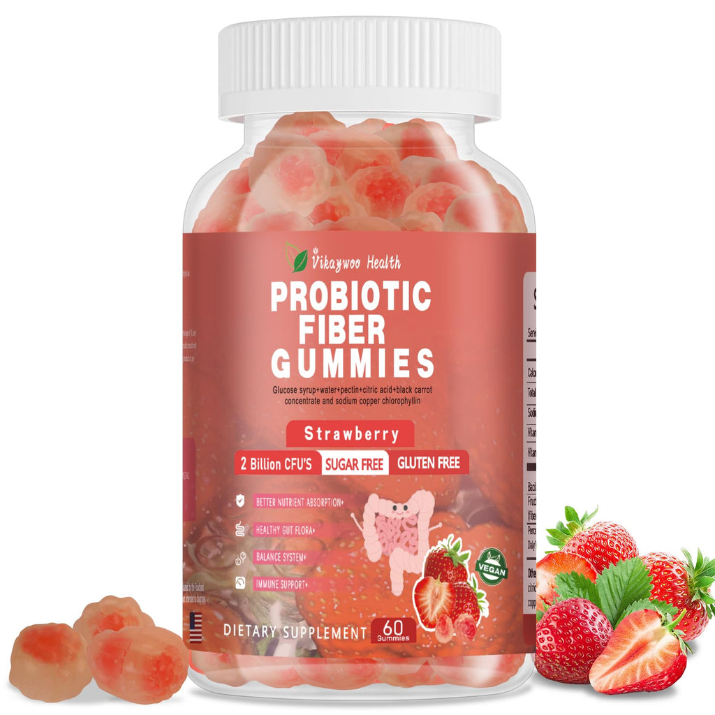 Vikaywoo Probiotic Fiber Gummies for Adults – No Sugar Added, Strawberry, 2 Billion CFUs (60 Count)