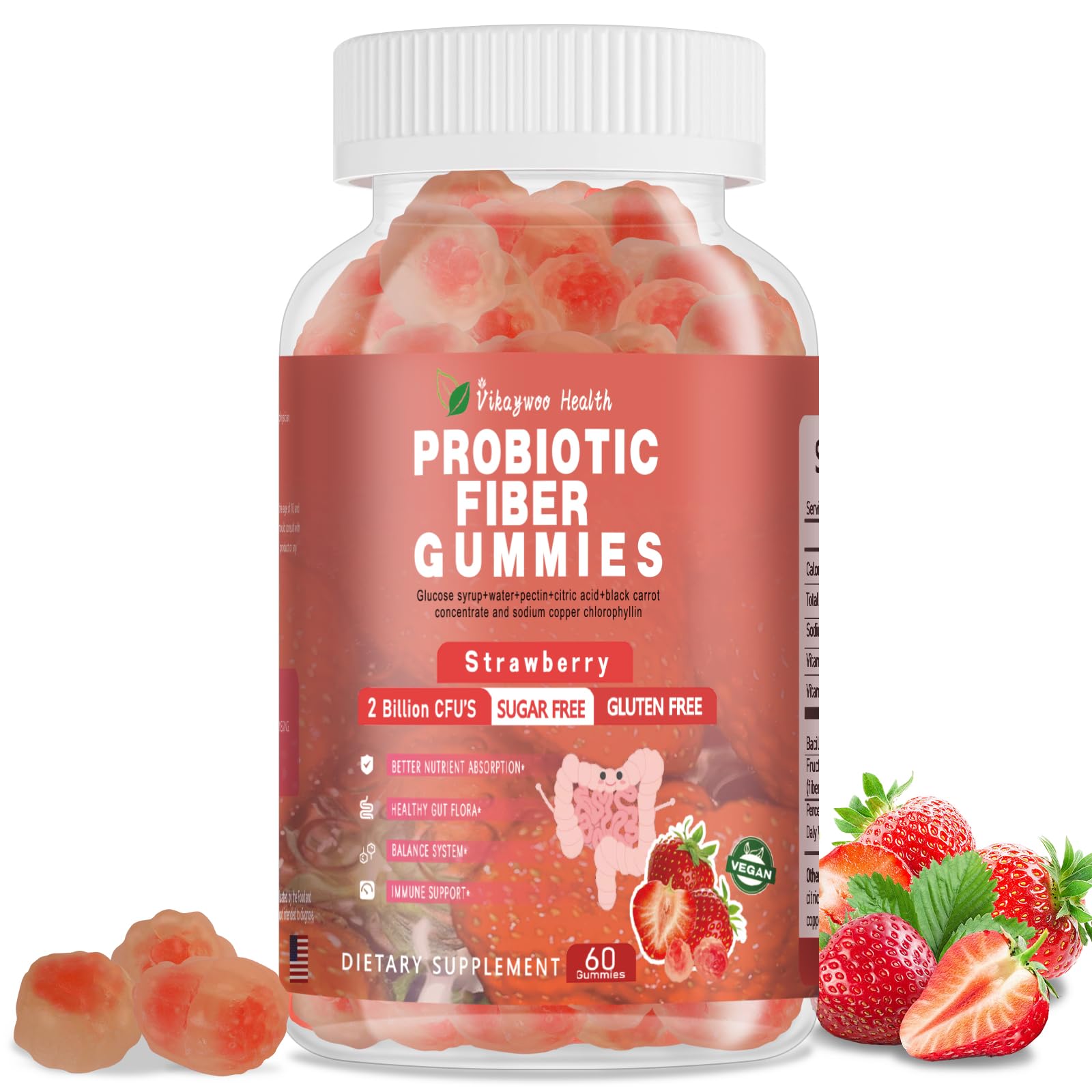 Vikaywoo Probiotic Fiber Gummies for Adults – No Sugar Added, Strawberry, 2 Billion CFUs (60 Count)