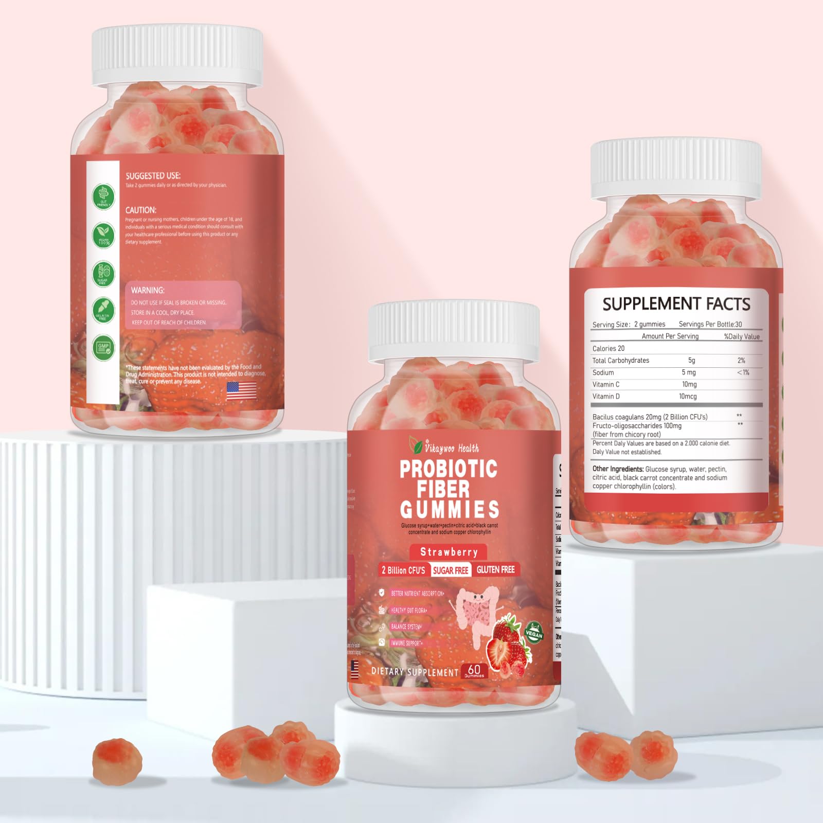 Vikaywoo Probiotic Fiber Gummies for Adults – No Sugar Added, Strawberry, 2 Billion CFUs (60 Count)