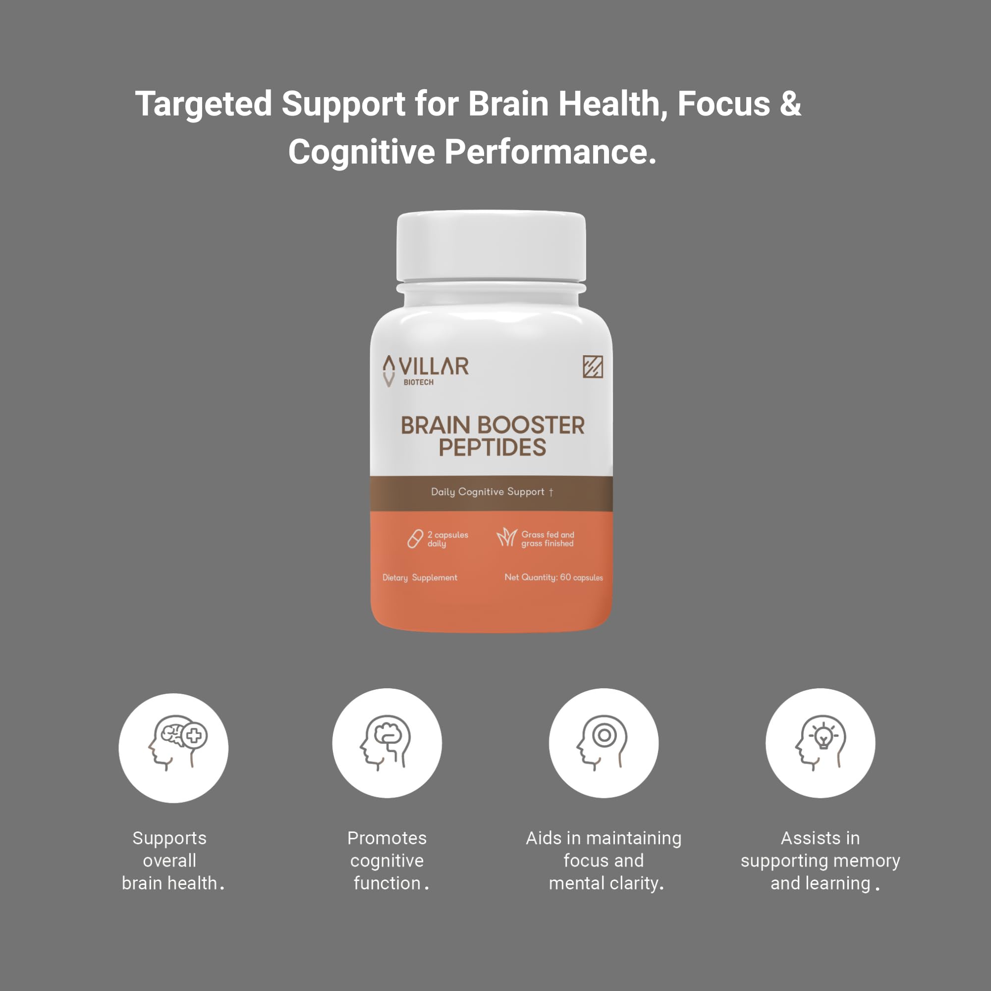VILLAR BIOTECH Brain Booster Peptides – Grass-Fed Bovine Brain – 60 Capsules