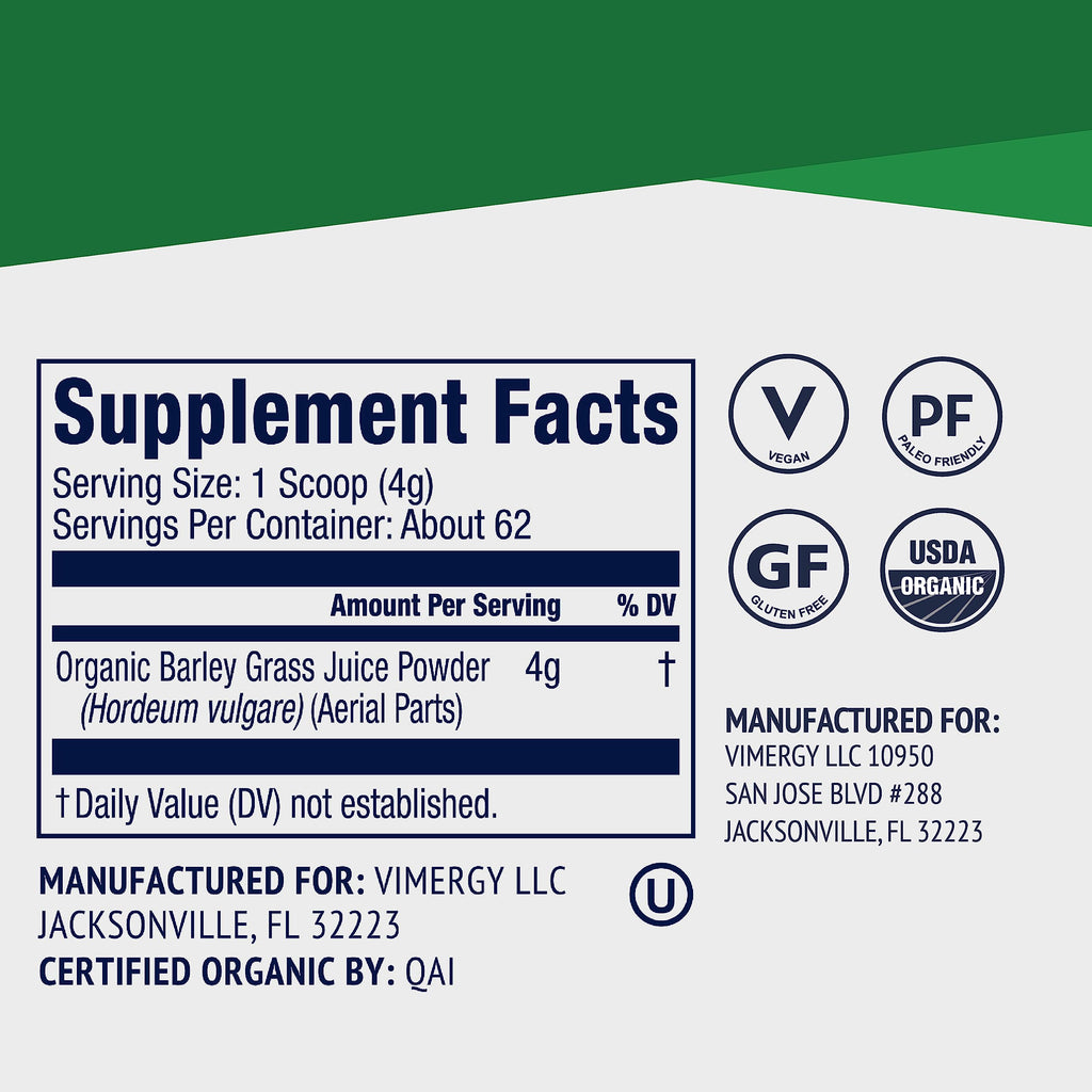 Vimergy Barley Grass Juice Powder – 0.8g per Serving, 312 Servings | Organic, Vegan, Gluten-Free, 250g Regular Size