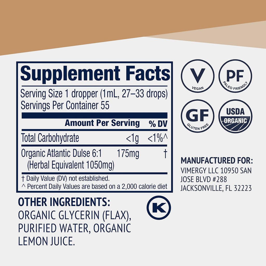 Vimergy USDA Organic Atlantic Dulse Liquid – Antioxidant Support, Vegan & Gluten-Free – 55 Servings (55 mL)