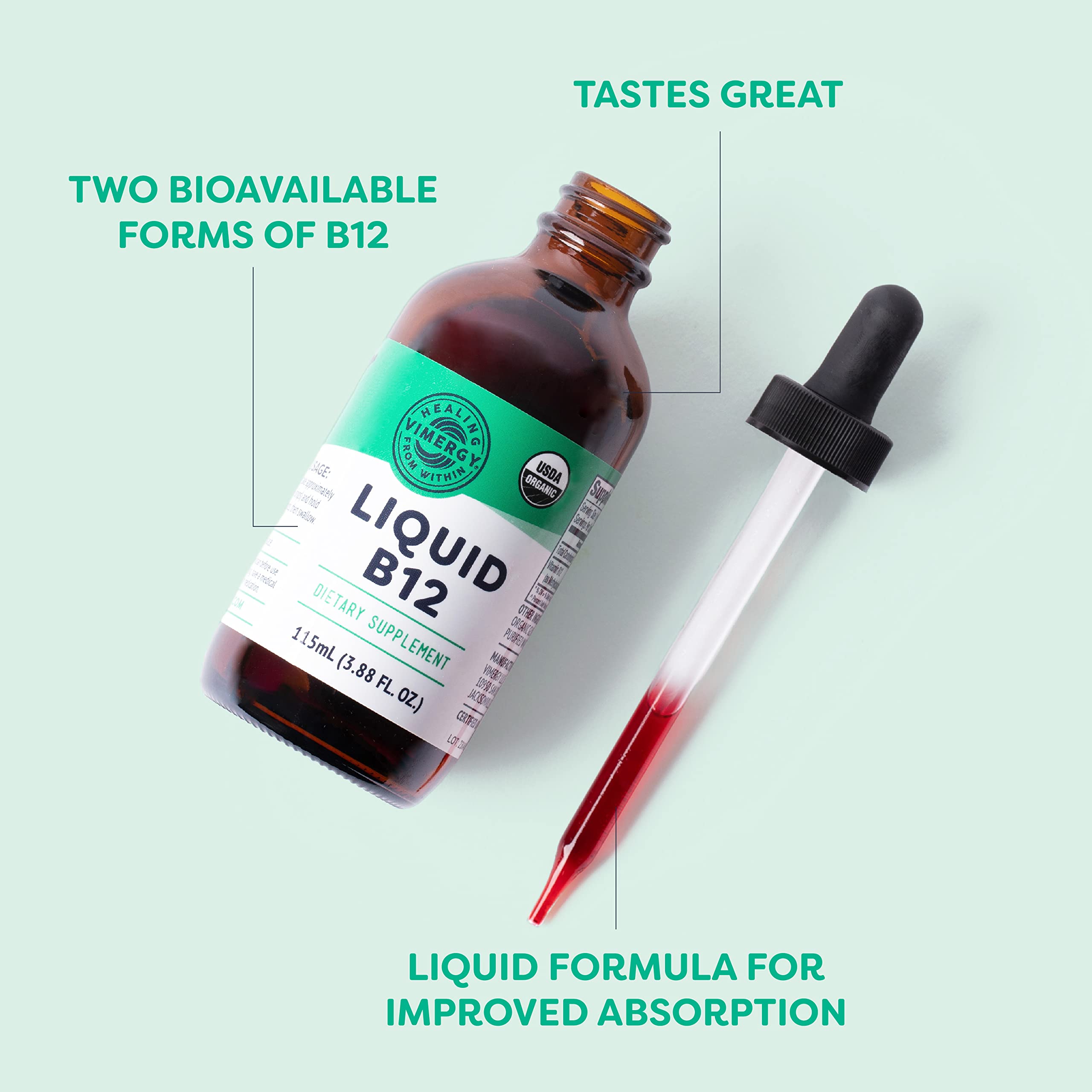 Vimergy Organic Liquid B12 2500 mcg – Vegan Methylcobalamin & Adenosylcobalamin, 115 Servings