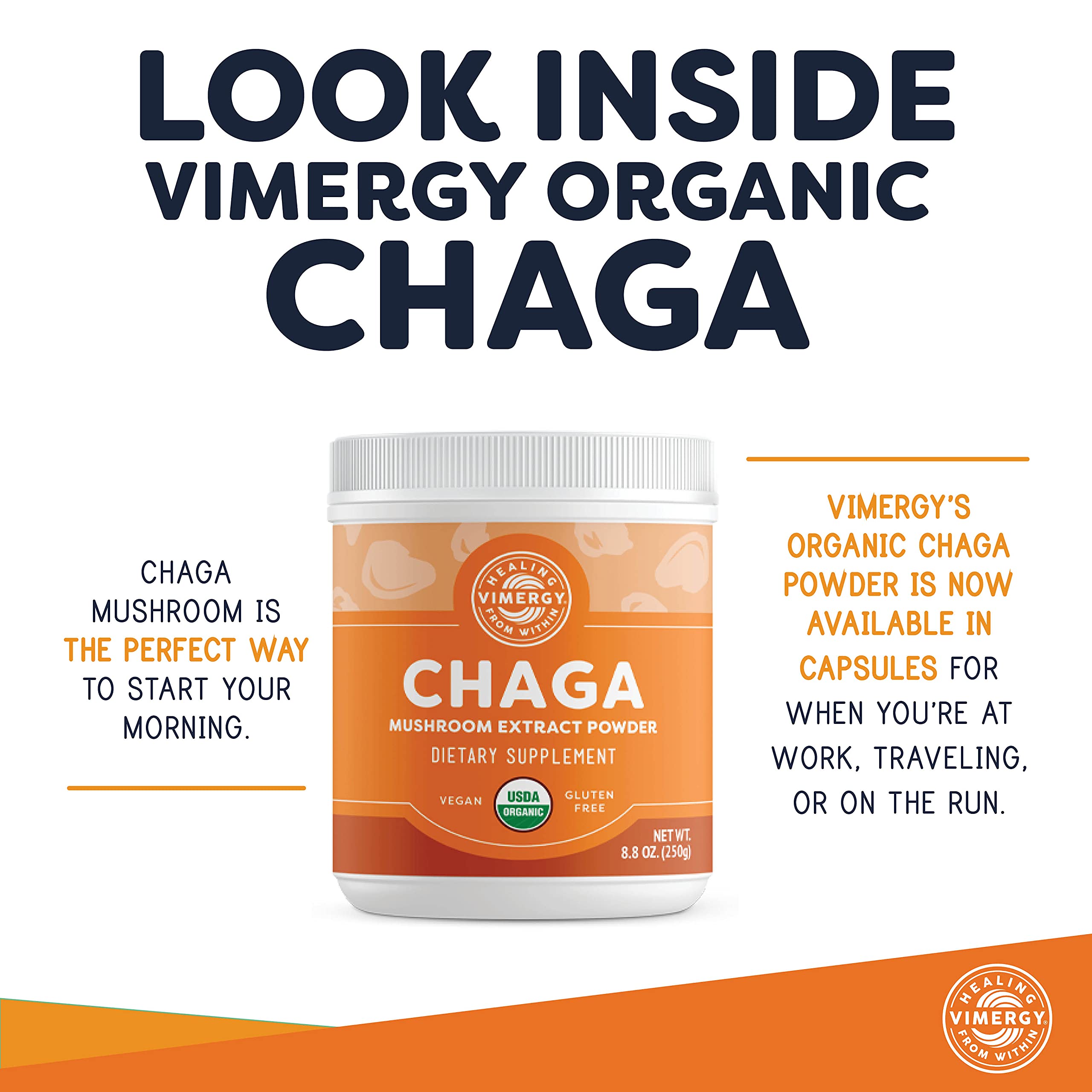 Vimergy USDA Organic Wild Chaga Mushroom Powder, 250g (166 Servings) — Cardiovascular Support, Kosher, Vegan, No Gluten