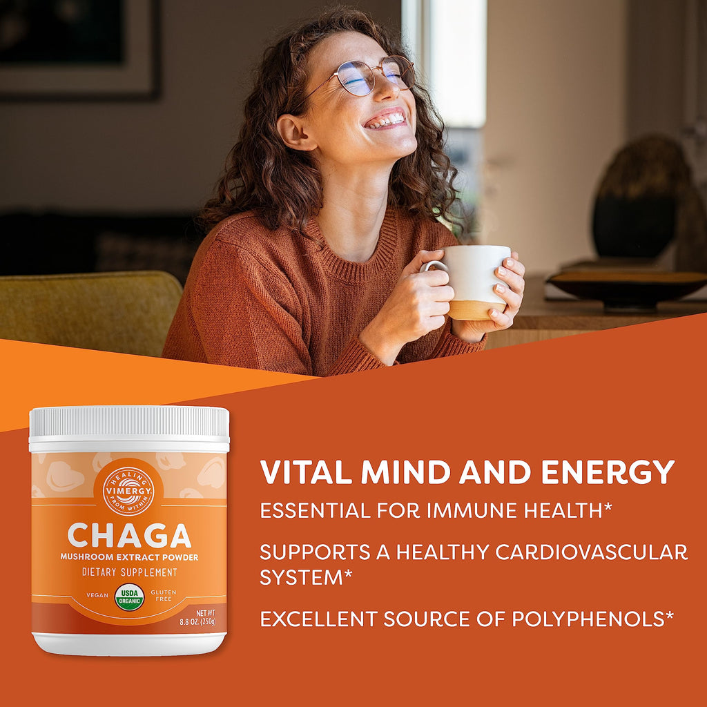 Vimergy USDA Organic Wild Chaga Mushroom Powder, 250g (166 Servings) — Cardiovascular Support, Kosher, Vegan, No Gluten