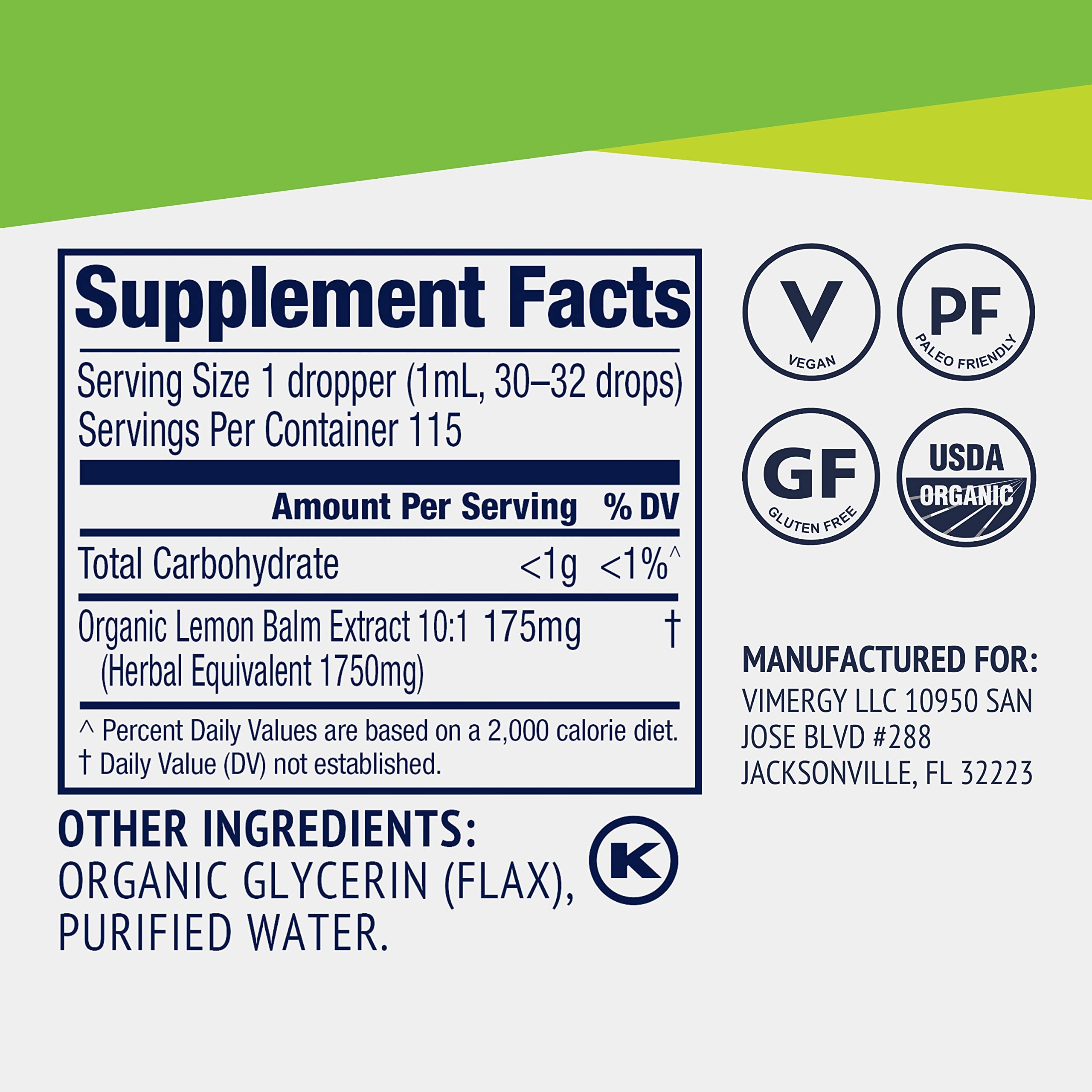 Vimergy Lemon Balm Tincture – USDA Organic, Alcohol-Free, 115 mL | Tea-Ready