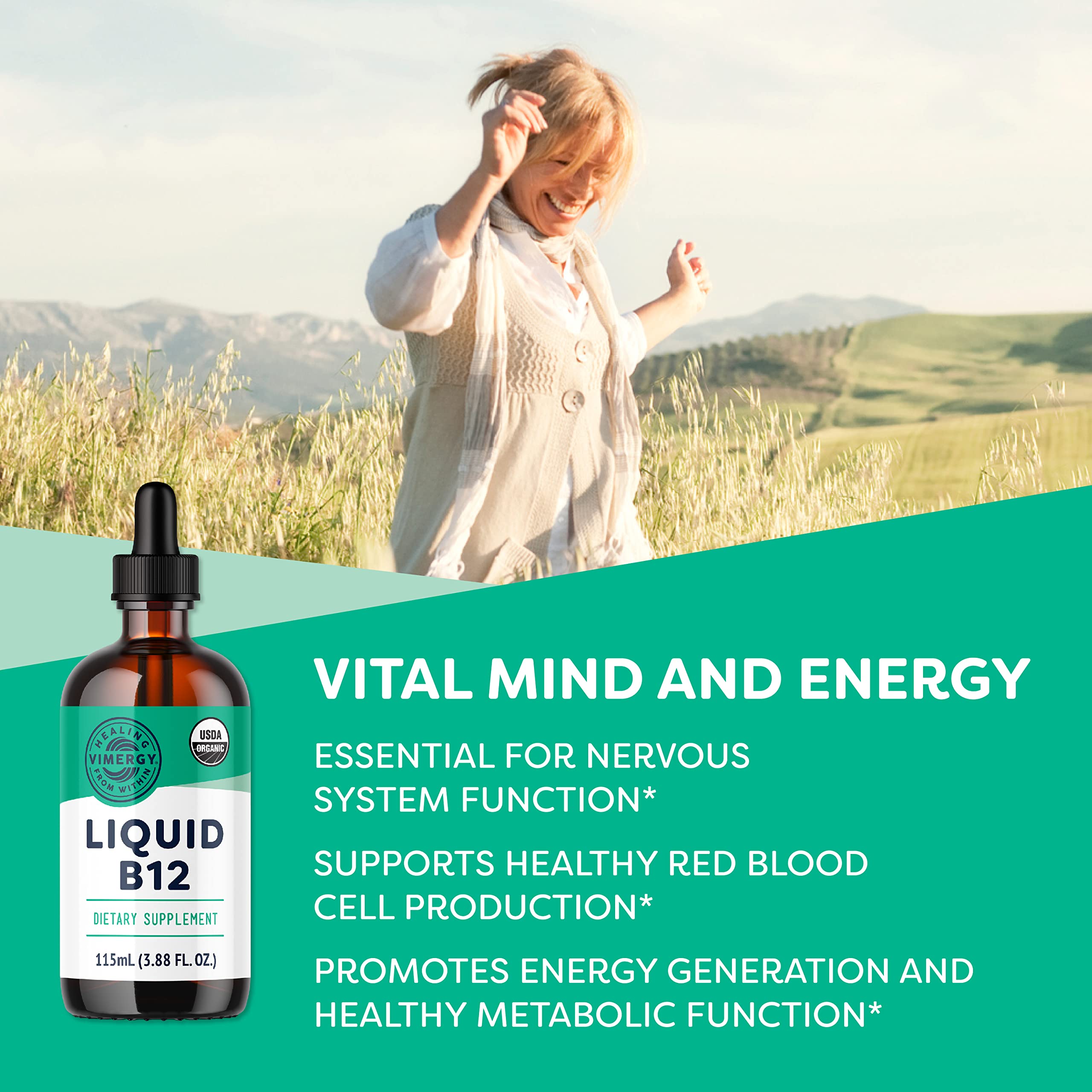 Vimergy Organic Liquid B12 2500 mcg – Vegan Methylcobalamin & Adenosylcobalamin, 115 Servings
