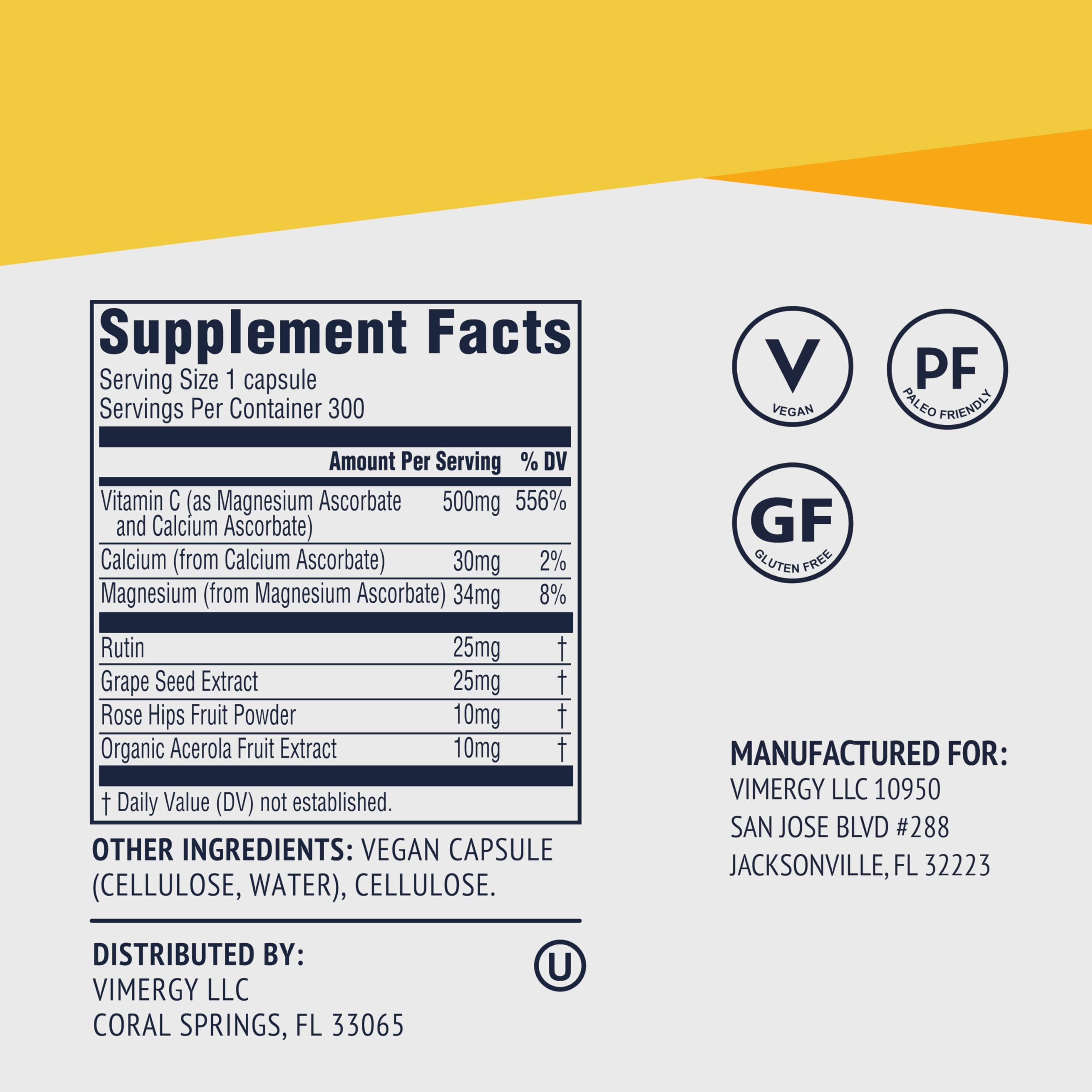 Vimergy Micro-C Vitamin C Capsules – 500mg, 300 Count, Vegan, Kosher, Gluten-Free