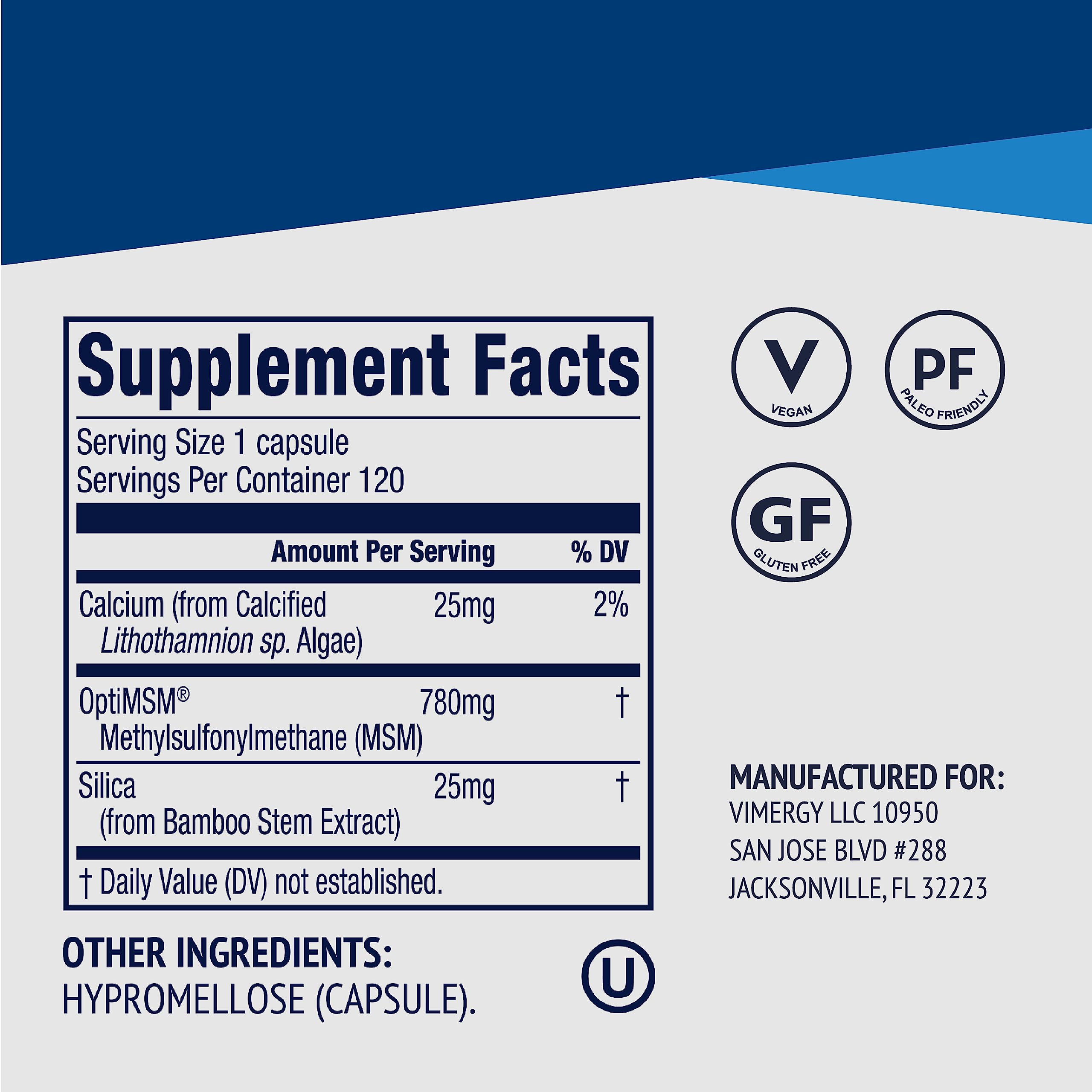Vimergy MSM with Silica & Calcium Capsules – 120 Servings | Joint, Skin & Bone Support | Vegan & Gluten-Free
