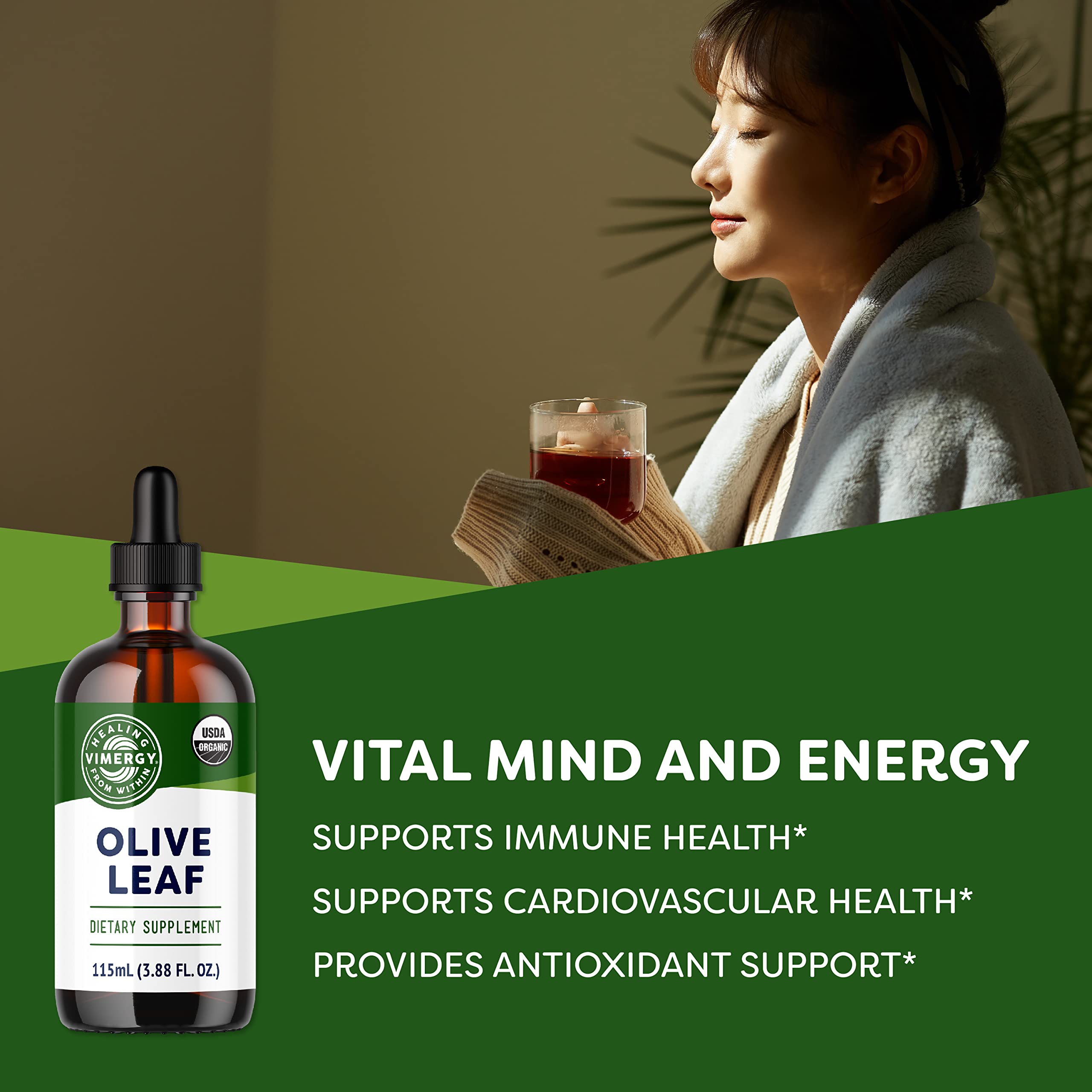 Vimergy Olive Leaf Liquid – Immune Health & Cardiovascular Support | USDA Organic, Vegan, Paleo, Gluten Free – 115 mL (57 Servings)