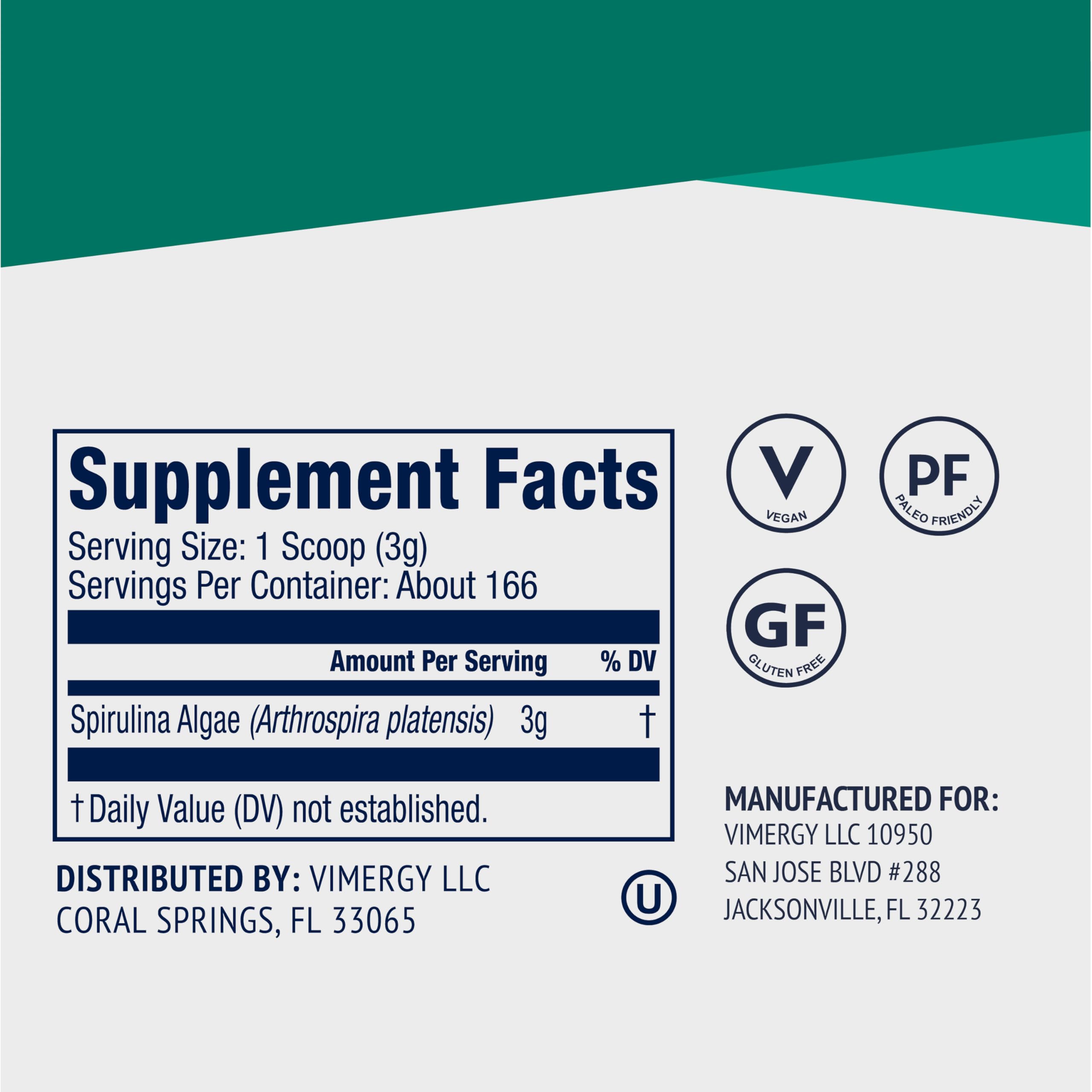 Vimergy Spirulina Powder 500g – 166 Servings | Plant Protein, Non-GMO, Gluten-Free, Vegan & Paleo