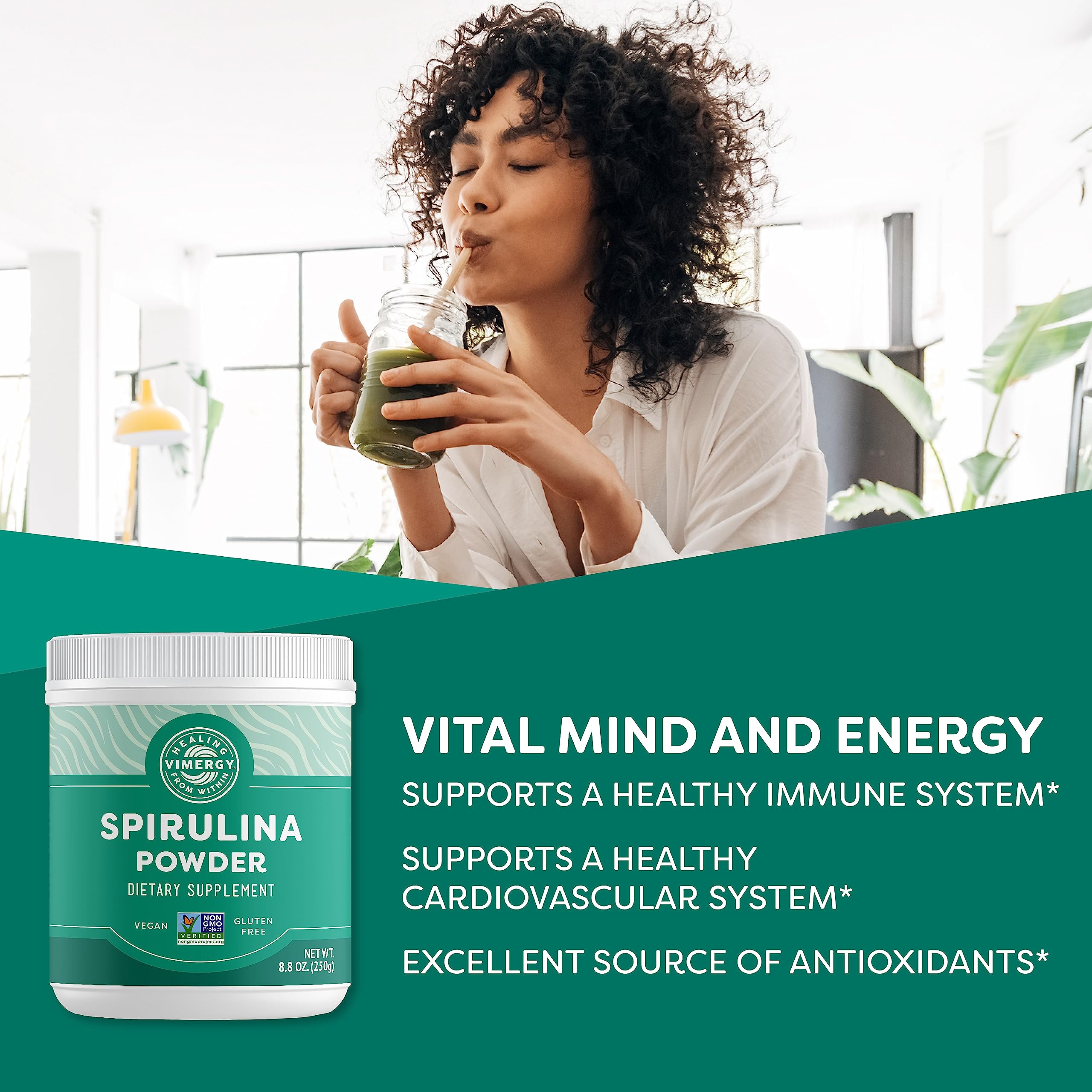 Vimergy Spirulina Powder – Concentrated Plant Protein for Immune & Cardiovascular Support – Vegan, Kosher, Gluten-Free – 250g