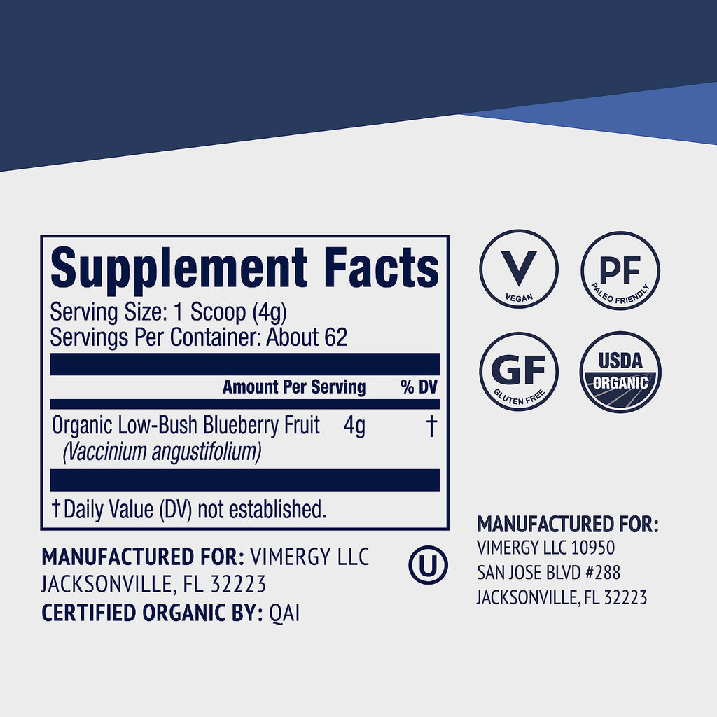 Vimergy Brain Body Protect – Wild Blueberry Powder with Horsetail & Bamboo Silica (250g, Organic, Vegan)