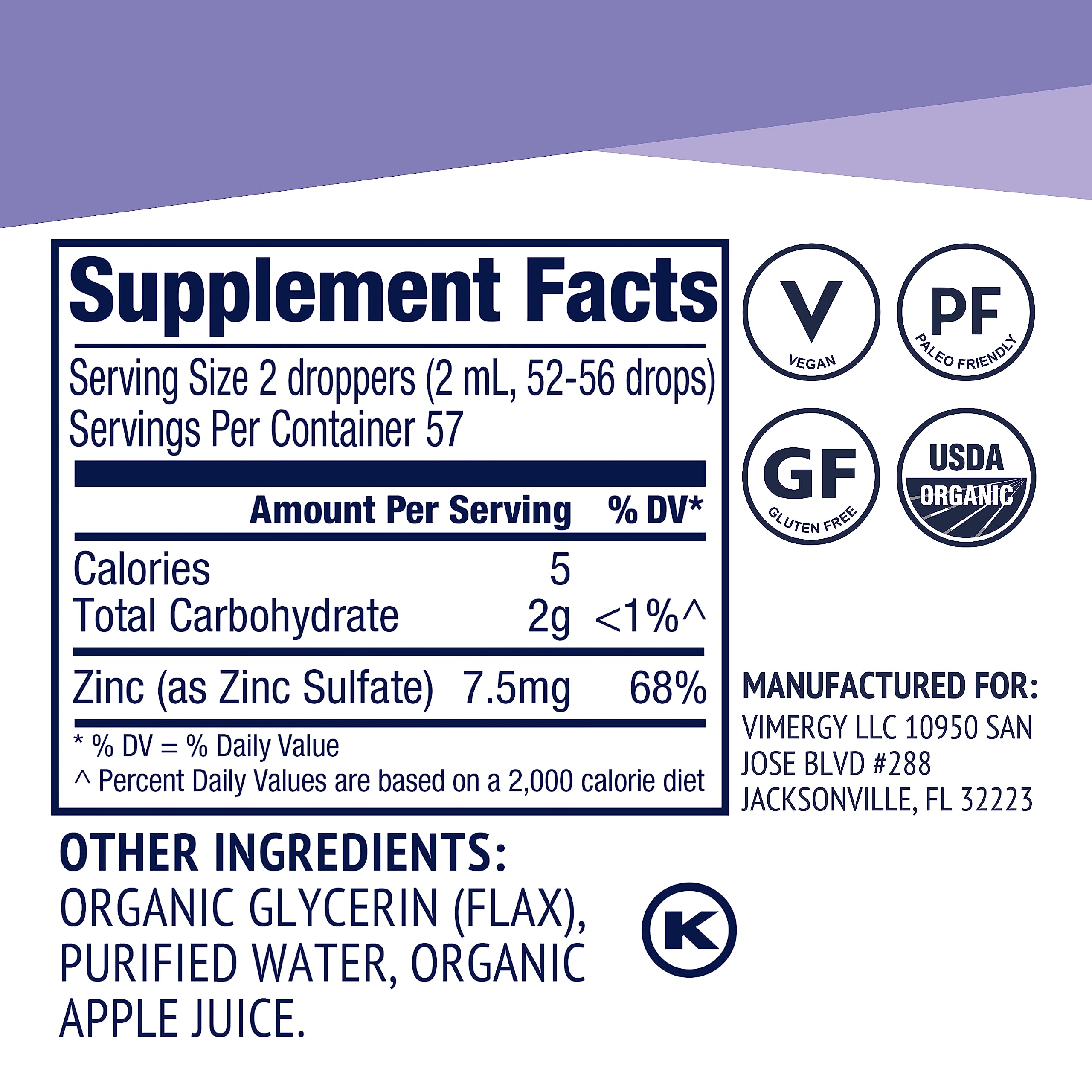 Vimergy Organic Zinc Drops – 7.5 mg Liquid Zinc for Immune Support