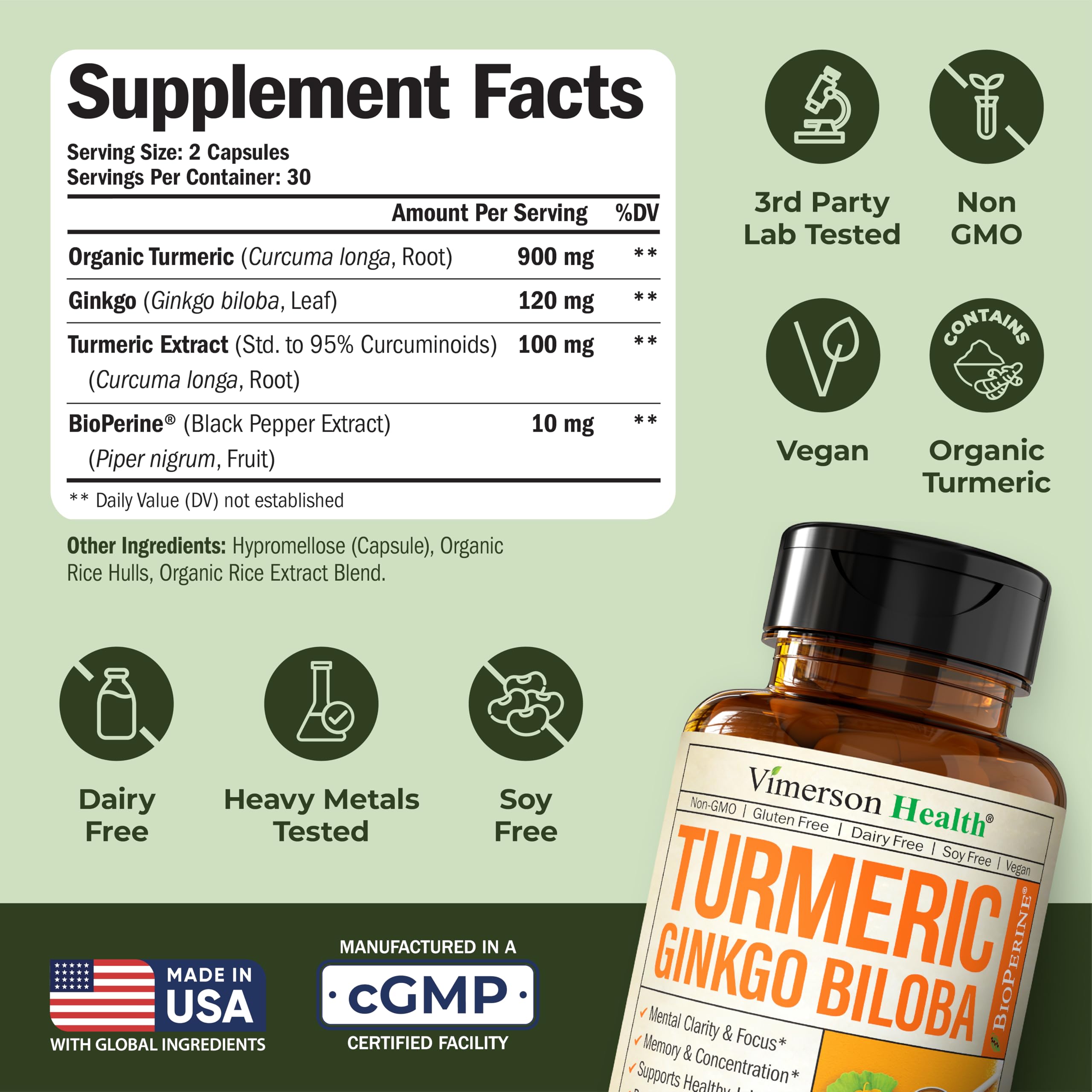 Vimerson Health Ginkgo Biloba & Turmeric Curcumin Supplement with Black Pepper – Focus, Memory & Joint Support – Vegan 2-Pack